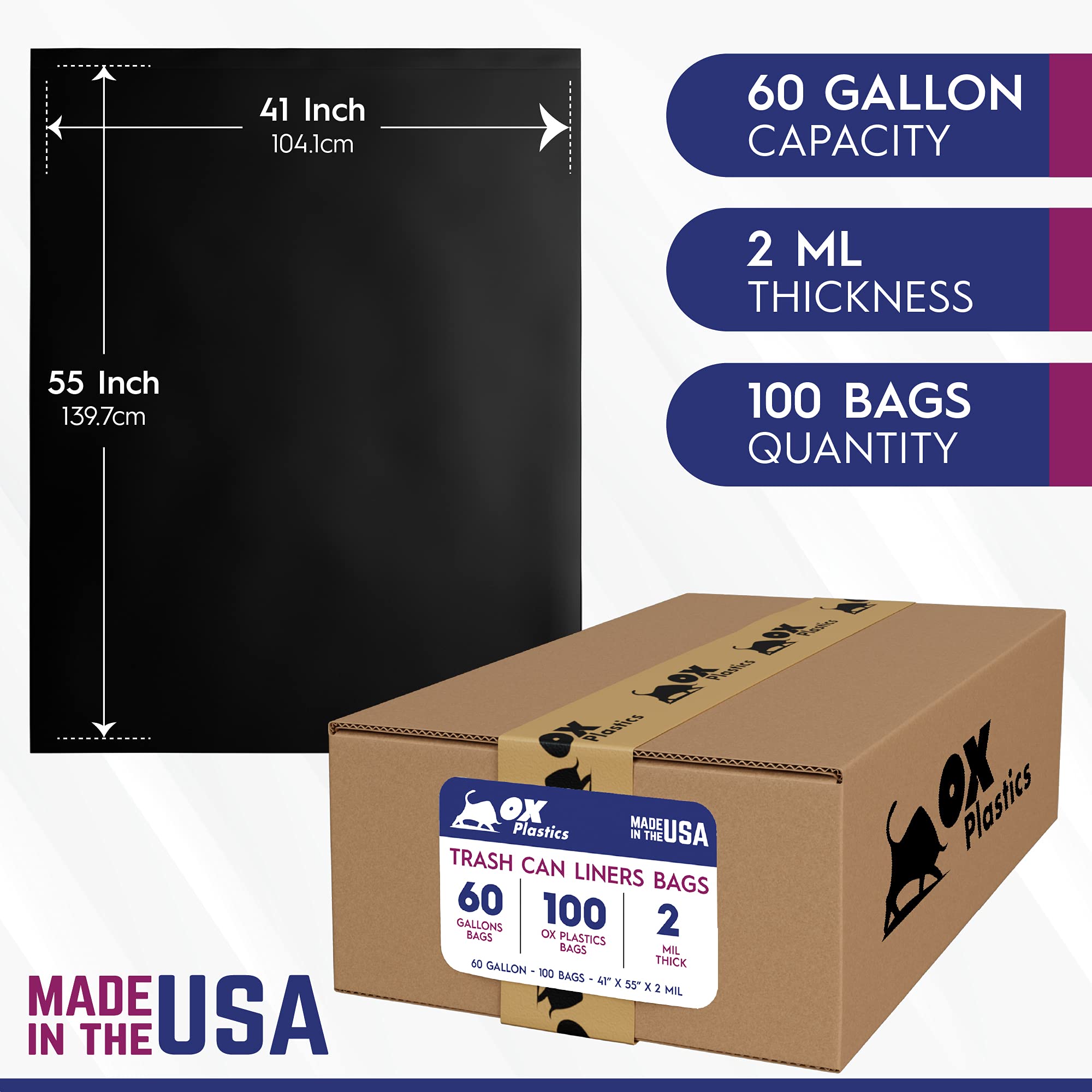 60 Gallon Heavy Duty Trash Bags - 100 Count Extra Thick 2 Mil Garbage Can Liners | Leak Proof & Durable for Large Trash Cans | Perfect for Commercial Kitchens, Outdoor Events & Industrial Use