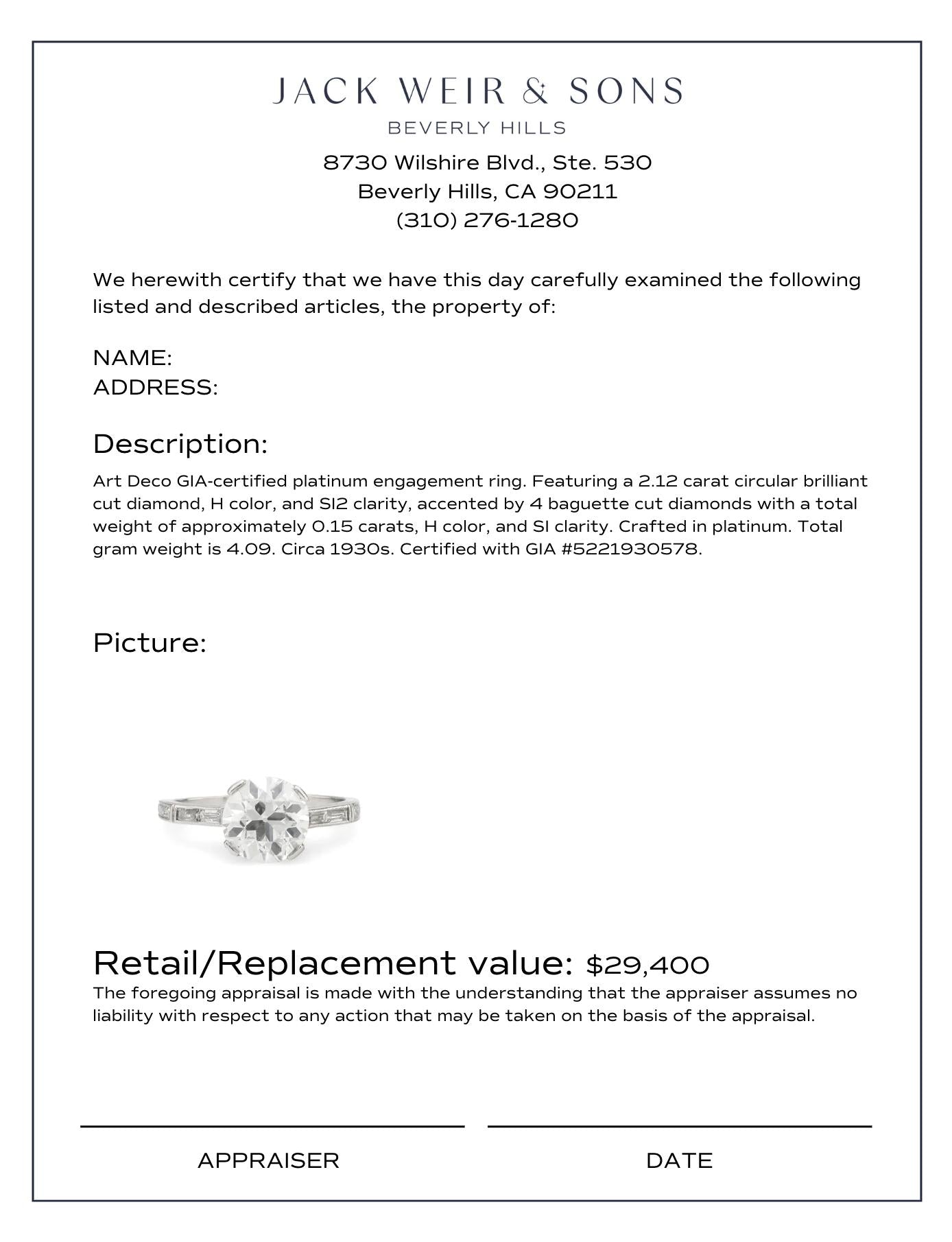 2.12 Carat GIA Certified Art Deco Platinum Engagement Ring with Round Brilliant Cut Diamond - Perfect for Proposals, Weddings & Anniversary Gifts