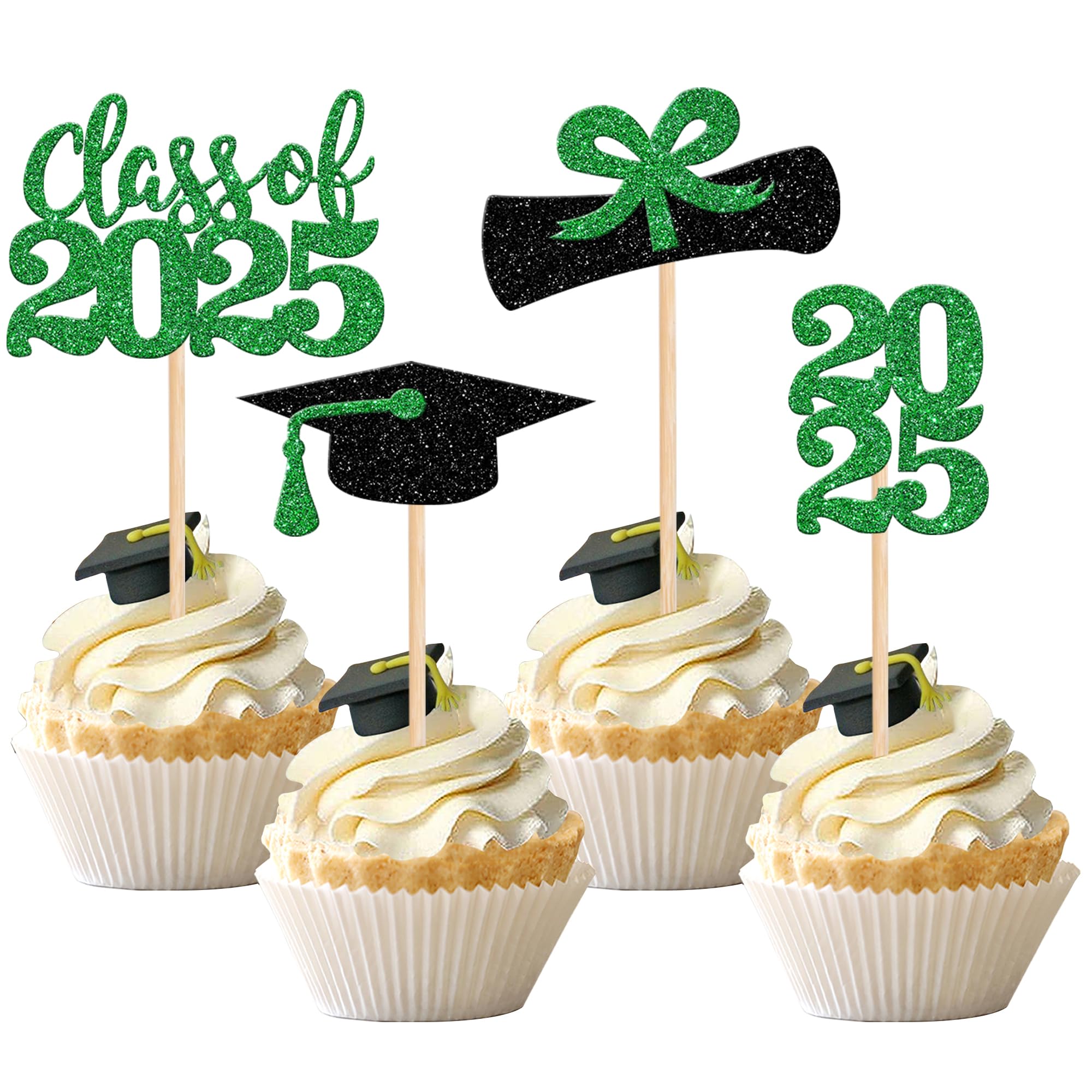 36 PCS 2025 Graduation Cupcake Toppers - Glitter Class of 2025 Caps & Diplomas Cake Decorations - Green Graduation Party Supplies for High School & College Celebrations, Birthday Cakes, Dessert Decor