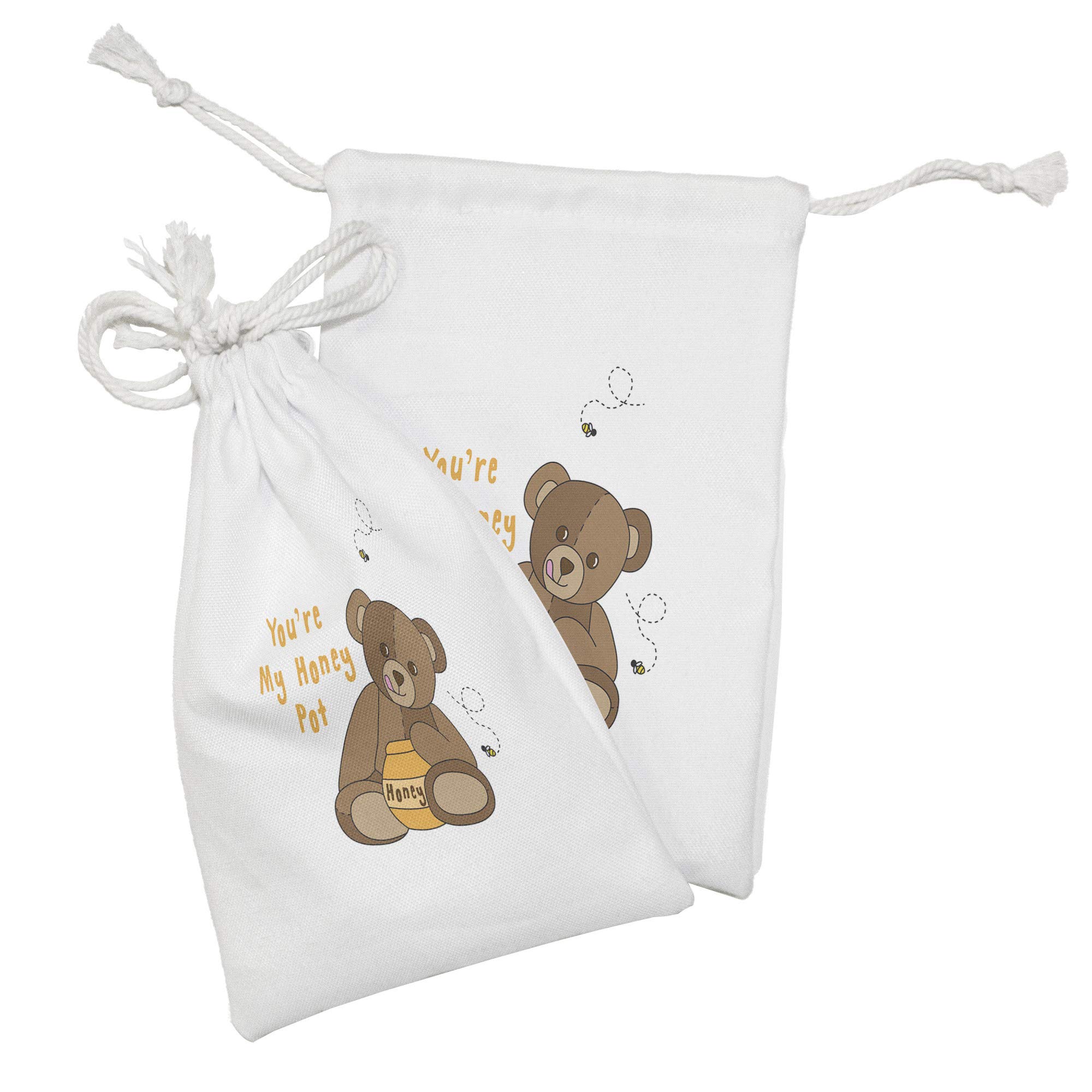 Ambesonne Honey Bee Fabric Drawstring Pouch Set of 2 - Cute Teddy Bear Cartoon Design with 