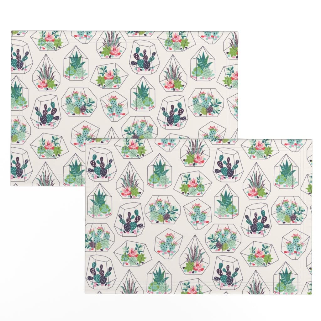 Linen Cotton Canvas Placemats Set of 2 - Succulents Texture Glass Print Table Mats for Dining Room, Kitchen Decor, Party & Holiday Table Setting