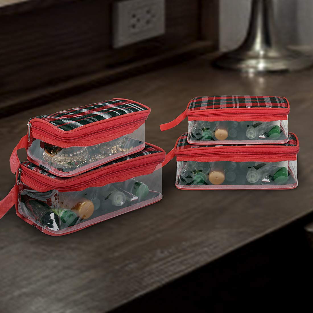 PrettyKrafts Vanity Box - Transparent Multipurpose Makeup Cosmetics Organizer Set (4-Piece, Red Checkered Design) | Perfect for Travel, Home Storage & Gift Giving