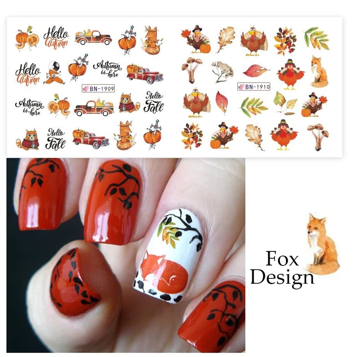 Autumn Maple Leaf Nail Stickers - 12PCS Fall Nail Art Water Decals with Pumpkins & Turkey Designs for Thanksgiving | DIY Manicure Supplies for Women | Perfect for Holiday Parties, Home Manicures & Seasonal Nail Decor