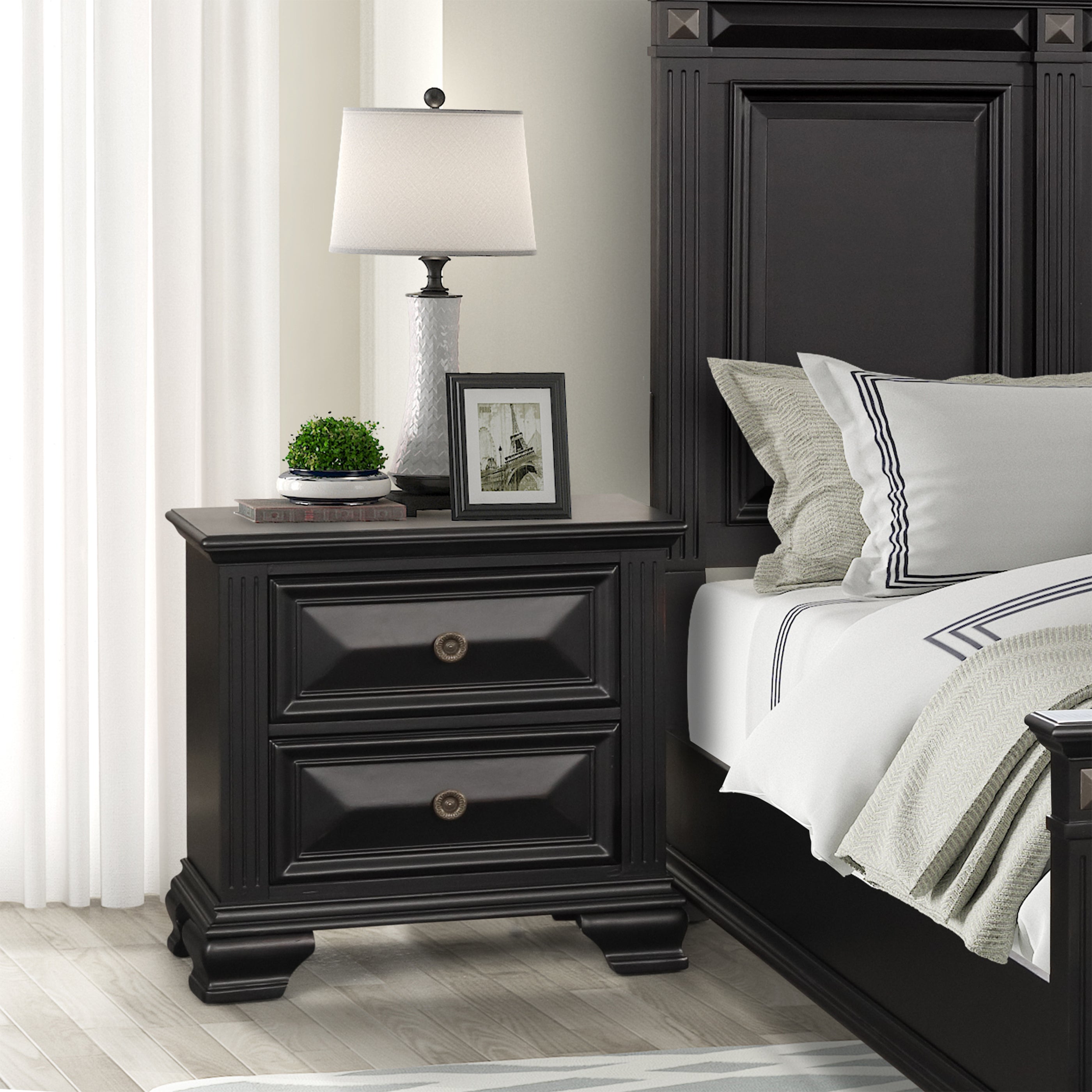 Vintage Black 2-Drawer Nightstand - Solid Wood Bedside Table for Bedroom, Living Room & Guest Room - Classic Storage Cabinet with Smooth Gliding Drawers