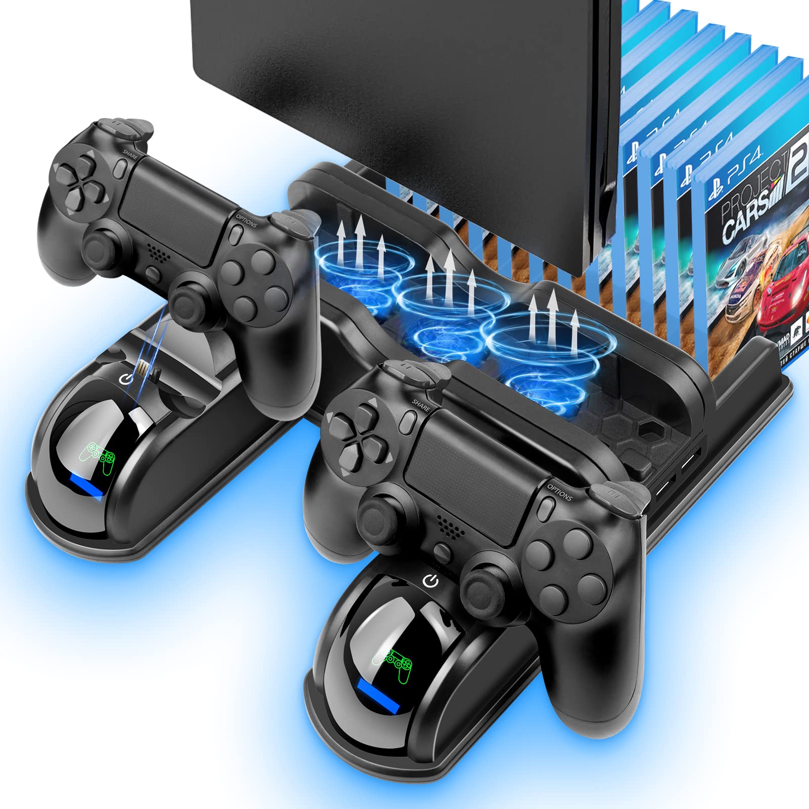 PS4 Stand Cooling Fan Station for Playstation 4/PS4 Slim/PS4 Pro - Vertical Stand with Dual Controller Charger Dock, USB Fast Charging & LED Indicator, 12 Game Slots - Perfect for Gaming Setup & Console Protection
