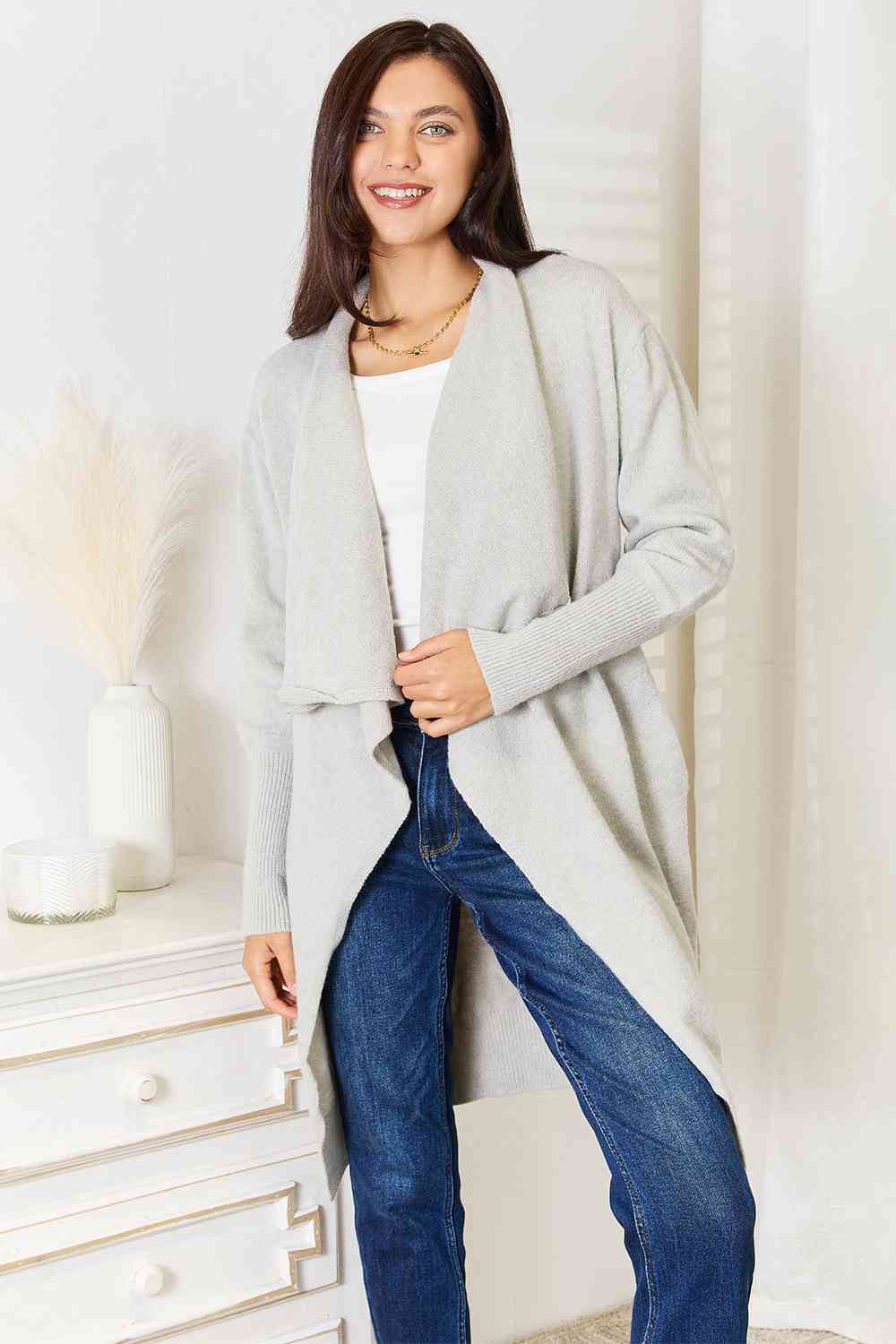 Light Grey Open Front Duster Cardigan with Pockets - Cozy Long Knit Sweater for Women | Perfect for Layering, Office Wear & Casual Outfits
