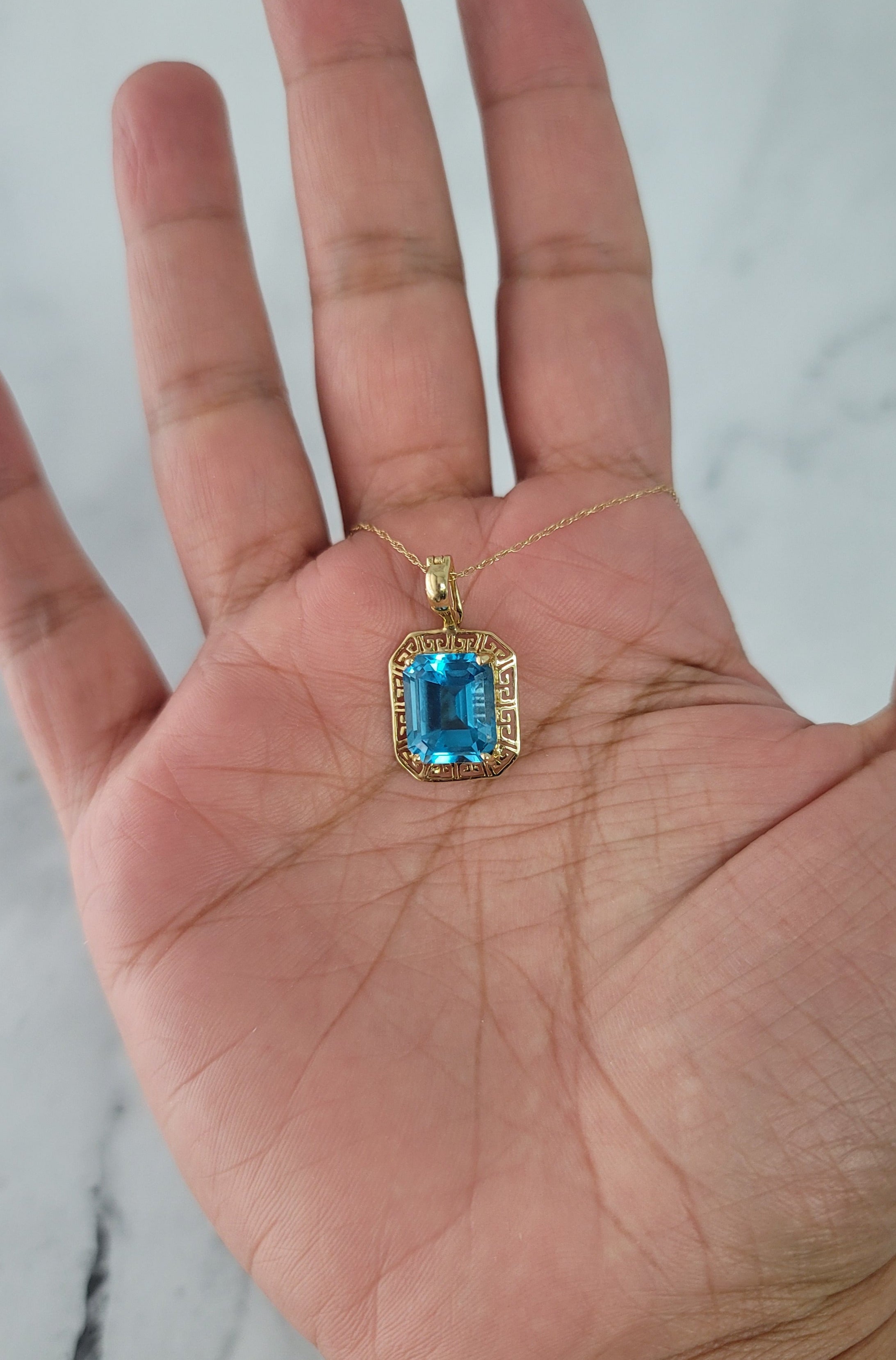 Blue Topaz Gold Greek Key Bezel Necklace - Elegant Jewelry for Women, Perfect Gift for Birthday, Anniversary & Special Occasions