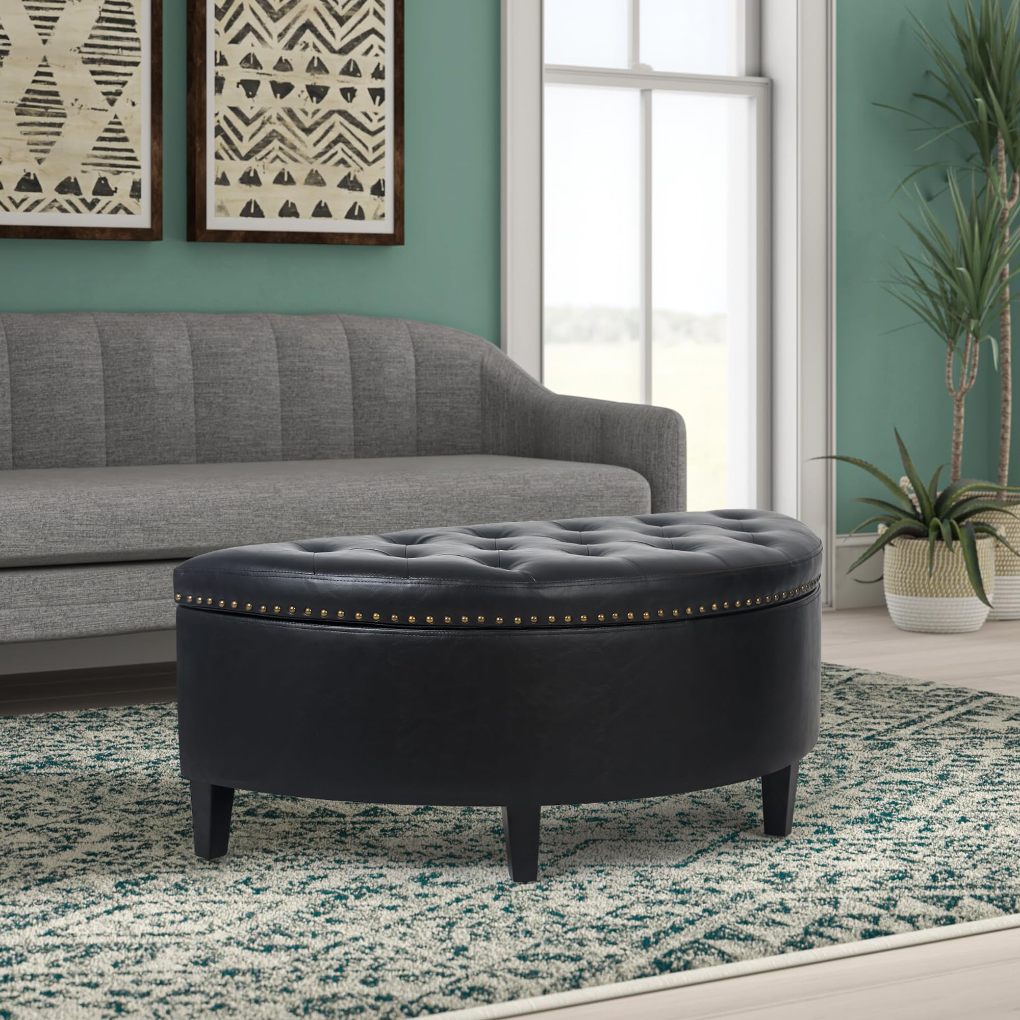 Joveco Storage Bench - PU Leather Half Moon Button Tufted Ottoman with Rivet Decor, Multi-Functional Coffee Table for Living Room, Bedroom & Entryway - Perfect for Extra Seating, Storage & Home Decor