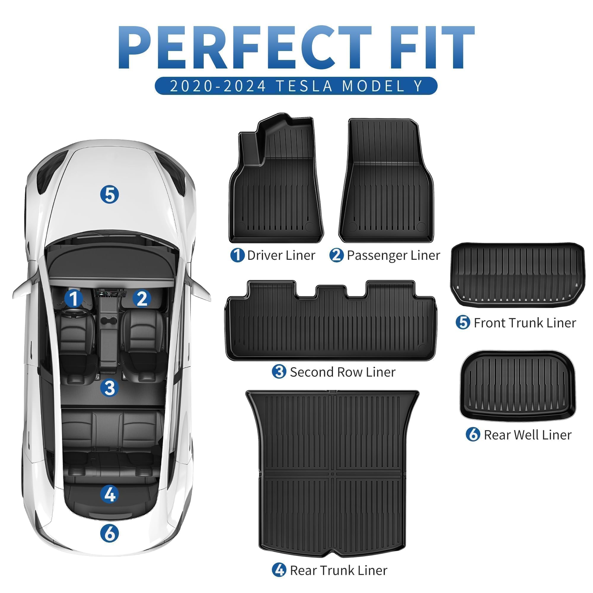 OEDRO Custom Fit All-Weather Floor Mats for Tesla Model Y 2020-2024 | Durable TPE Interior & Trunk Liners | 6-Piece Set (Fits 5-Seat Only) | Perfect for Daily Commute, Road Trips & Outdoor Adventures