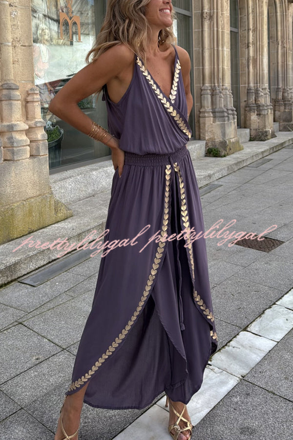 Tamia Gold Trim Elastic Waist Slit Wide Leg Slip Jumpsuit for Women - Comfortable & Stylish Lounge & Evening Wear - Perfect for Parties, Date Nights & Special Occasions