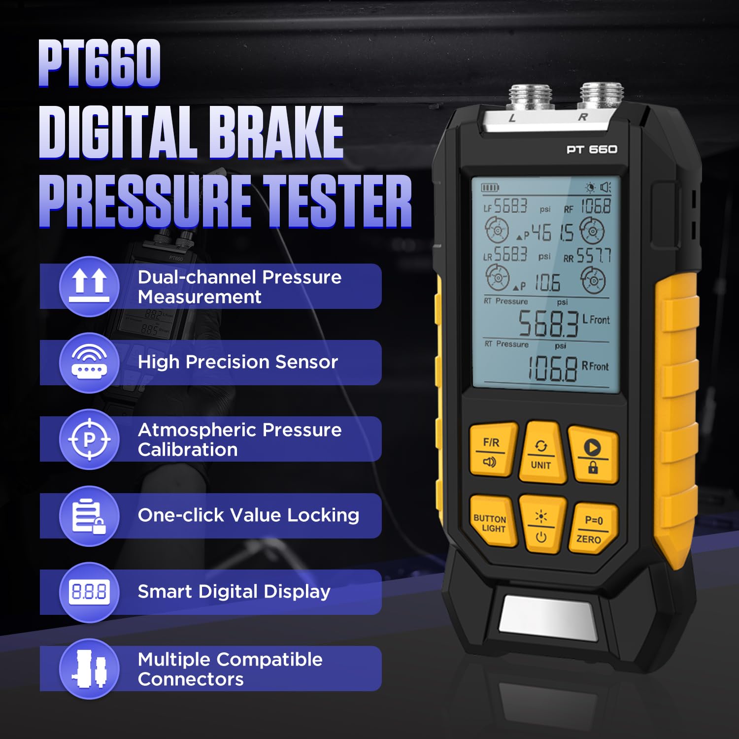 PT660 Digital Brake Pressure Tester - 0-210 Bar Dual Channel Automotive Brake System Diagnostic Tool with Smart Alarm & Multiple Connectors | Perfect for Mechanics, DIY Car Repair & Vehicle Maintenance