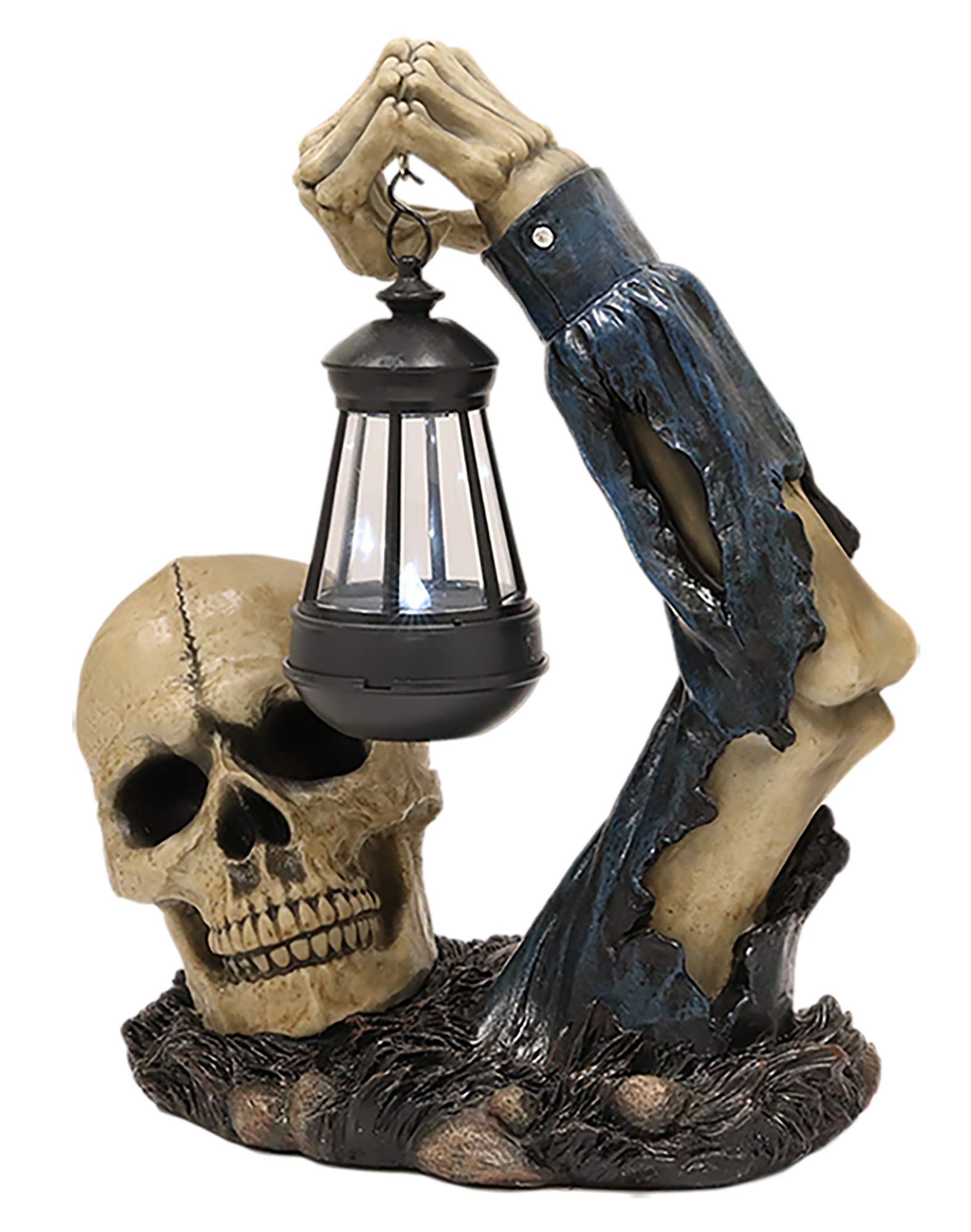 Ebros Solar Powered LED Skeleton Rising from Grave Statue - Deathly Hallows Inspired Halloween Patio Decor with Lantern Light - Perfect for Garden Path, Graveyard Displays & Spooky Outdoor Decorations