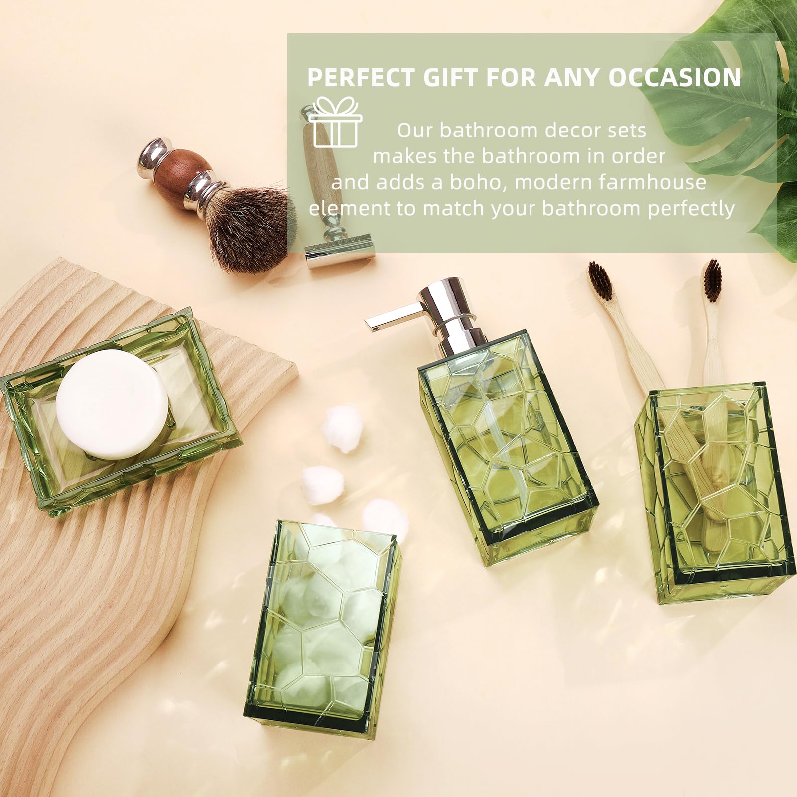 Sage Green Bathroom Accessories Set - 4 Piece Acrylic Toothbrush Holder, Soap Dispenser, Tumbler & Soap Dish | Modern Bathroom Decor for Home, Apartment, Hotel | Waterproof & Durable Bath Organizer