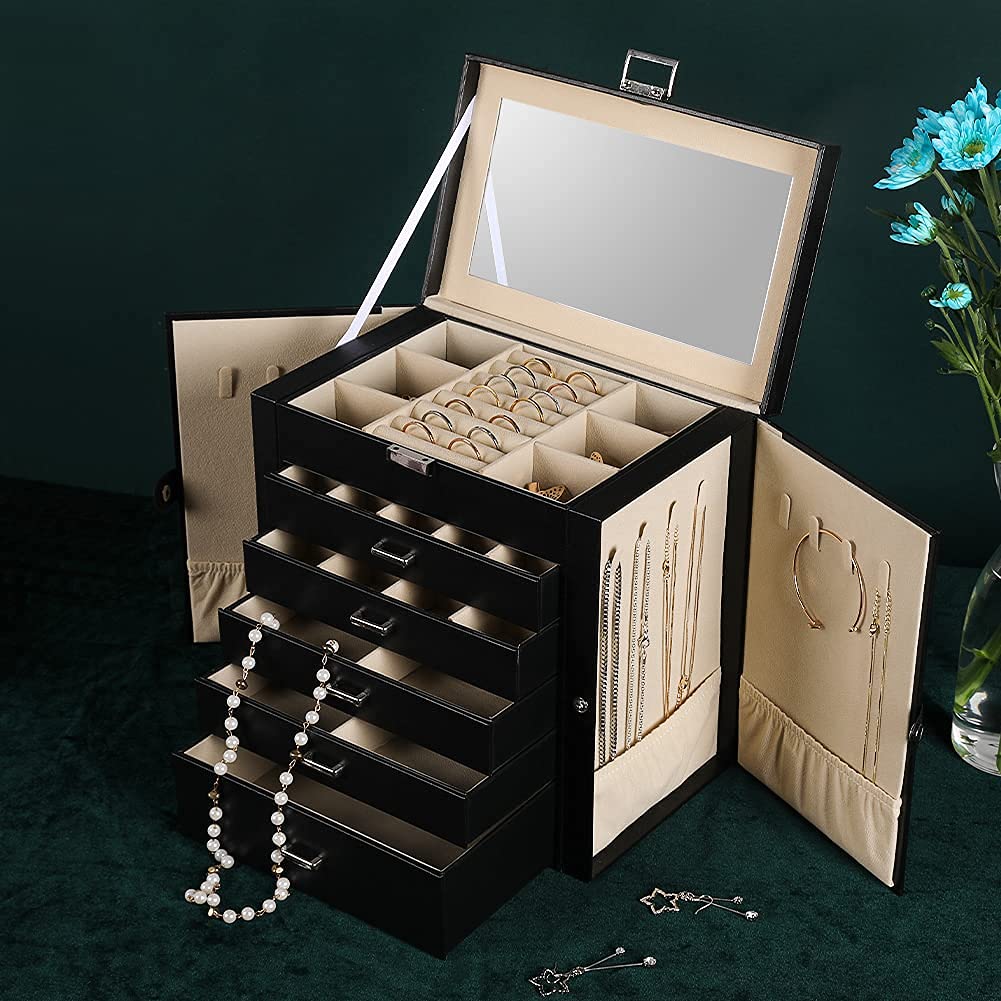 Frebeauty 6-Tier PU Leather Jewelry Organizer with Mirror & 5 Drawers - Perfect for Necklaces, Bracelets & Watches Storage