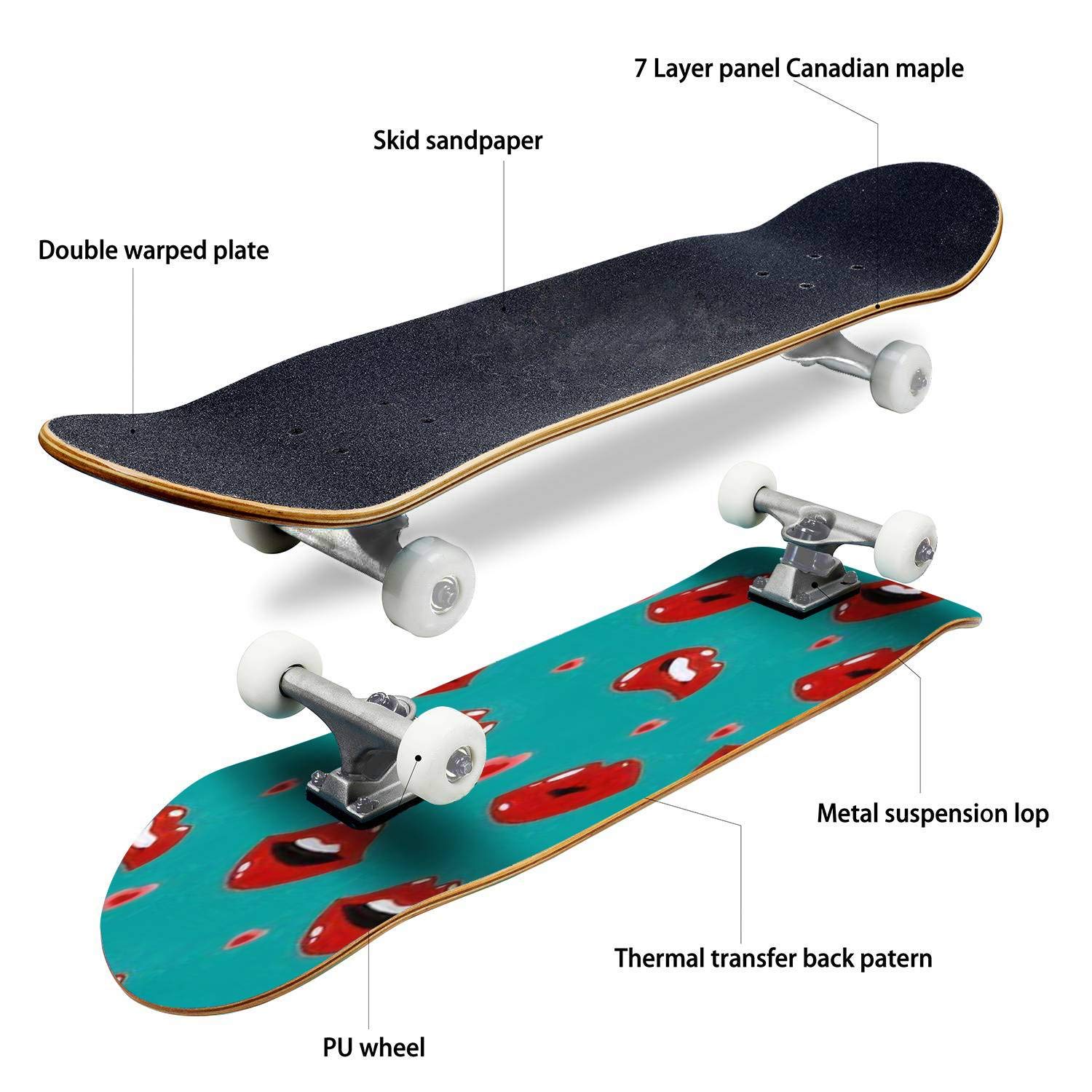Kiss Me Skateboard - Classic Concave Longboard with Lips & Smile Design for Beginners & Professionals | Extreme Sports, Teen Gifts, Cool Street Style for Skate Parks & Urban Commuting