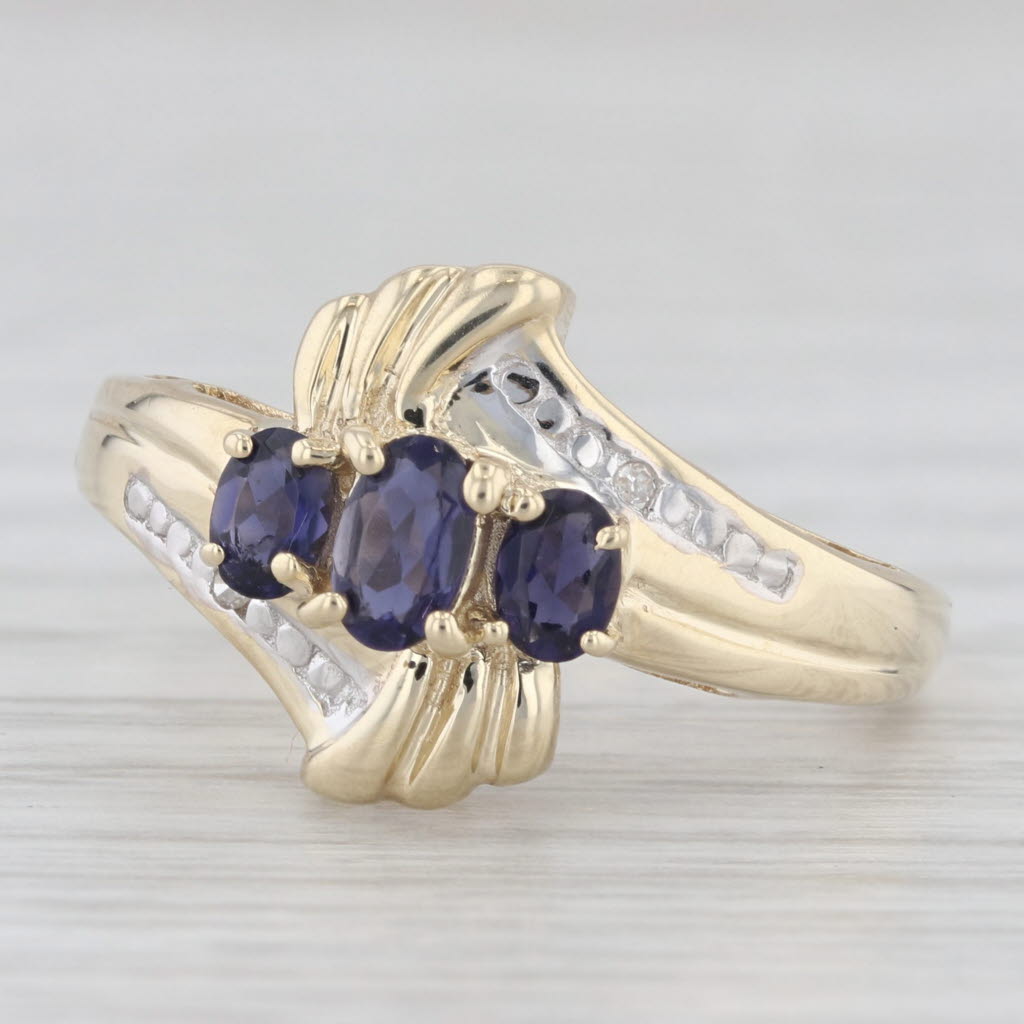 0.50ctw Iolite Three Stone Bypass Ring in 10k Yellow Gold - Size 7.25 - Perfect for Engagement, Anniversary Gifts & Special Occasions