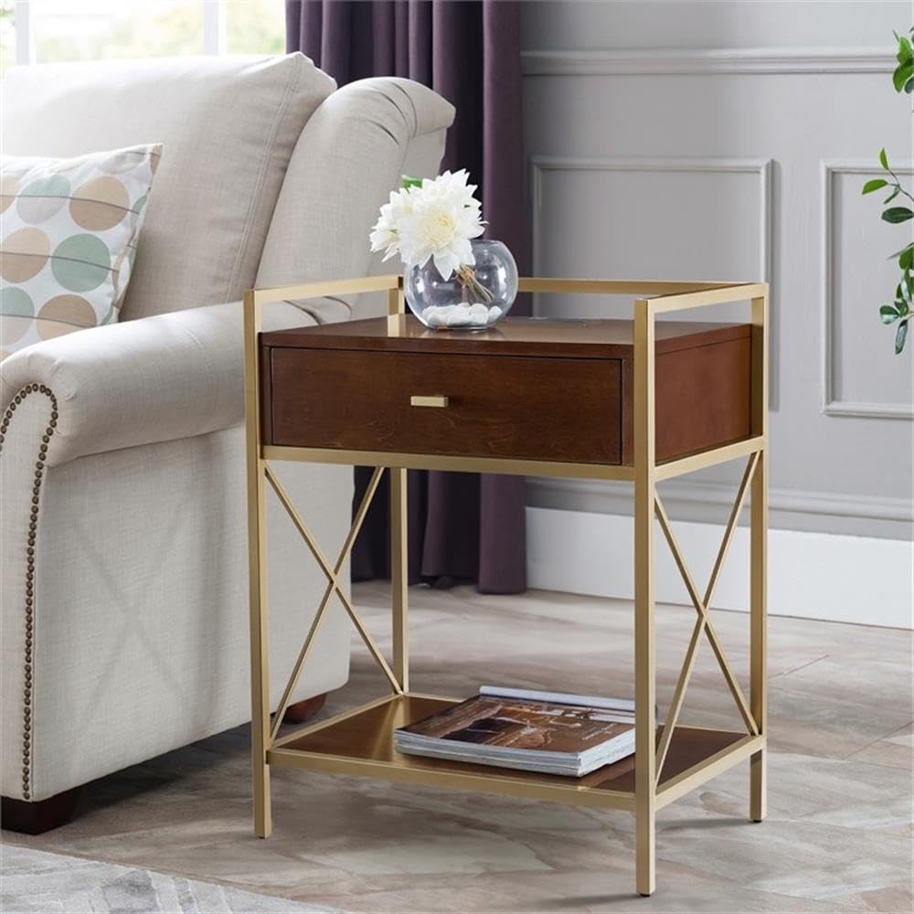 Claudette Modern Nightstand with USB-C Fast Charging - Solid Wood & Metal Bedside Table in Walnut Brown & Gold - Compact Side Table for Bedroom, Living Room, Office - Leick Home 9069-WA - Perfect for Charging Devices & Stylish Home Decor