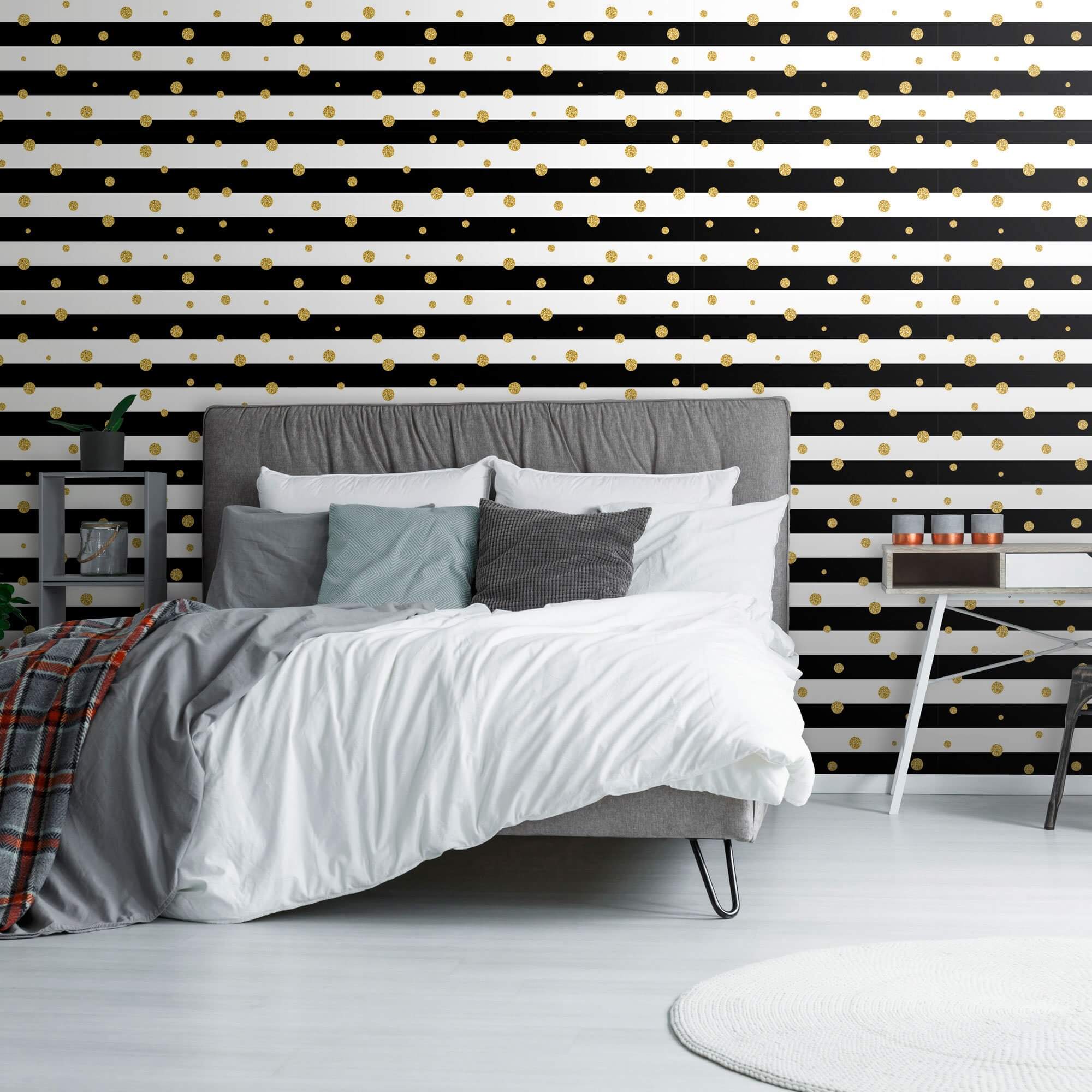 Black and Gold Striped Peel and Stick Removable Wallpaper - Self-Adhesive Decorative Wall Covering for Bedroom, Living Room, Office - Easy to Install & Remove - Pattern 3769