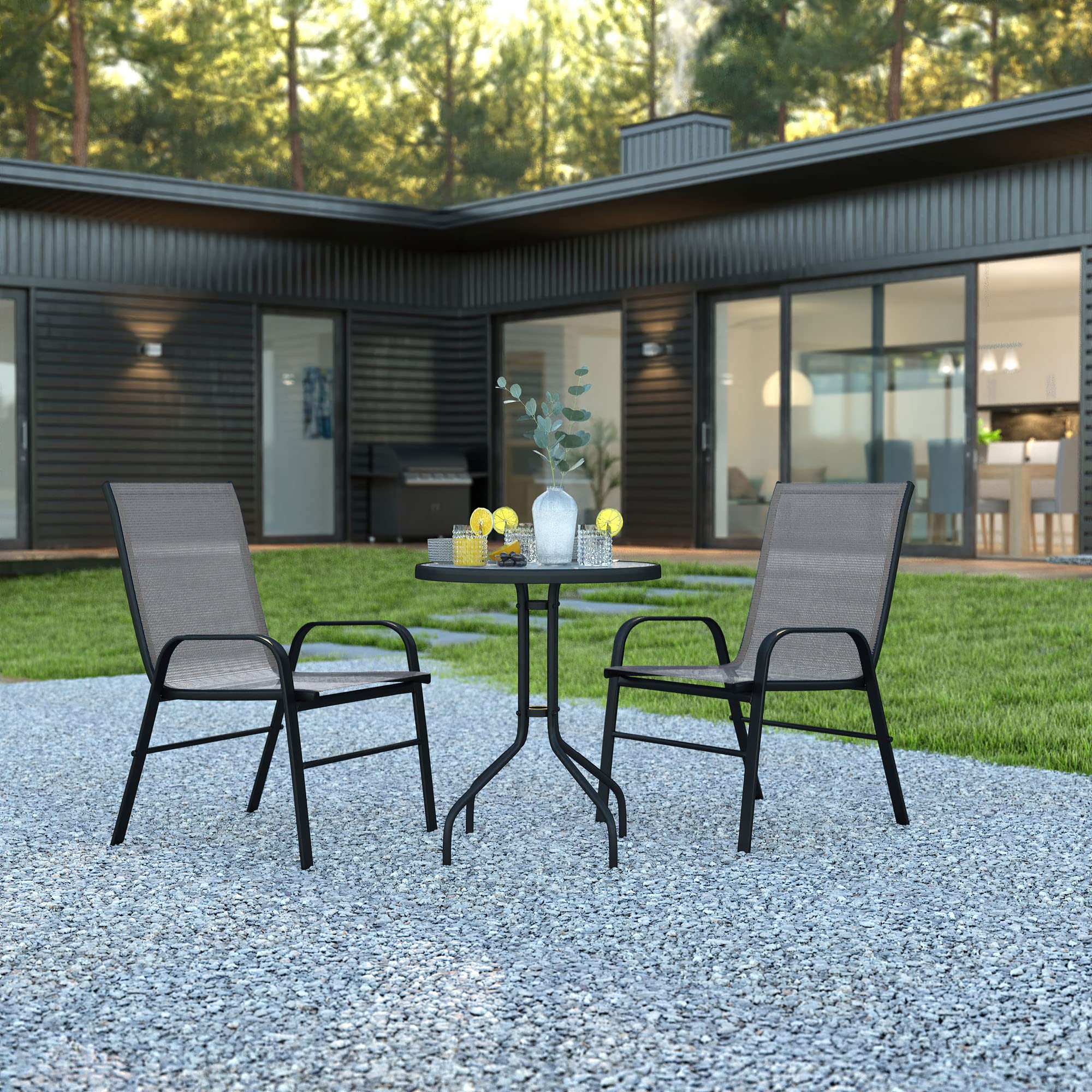 Flash Furniture Brazos 3-Piece Outdoor Patio Dining Set with 2 Gray Flex Comfort Stackable Chairs & 23.75