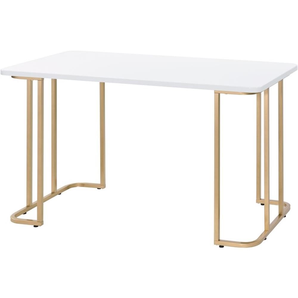 Acme Estie White and Gold Wooden Writing Desk with Metal Sled Base - Perfect for Home Office, Study Room & Small Spaces