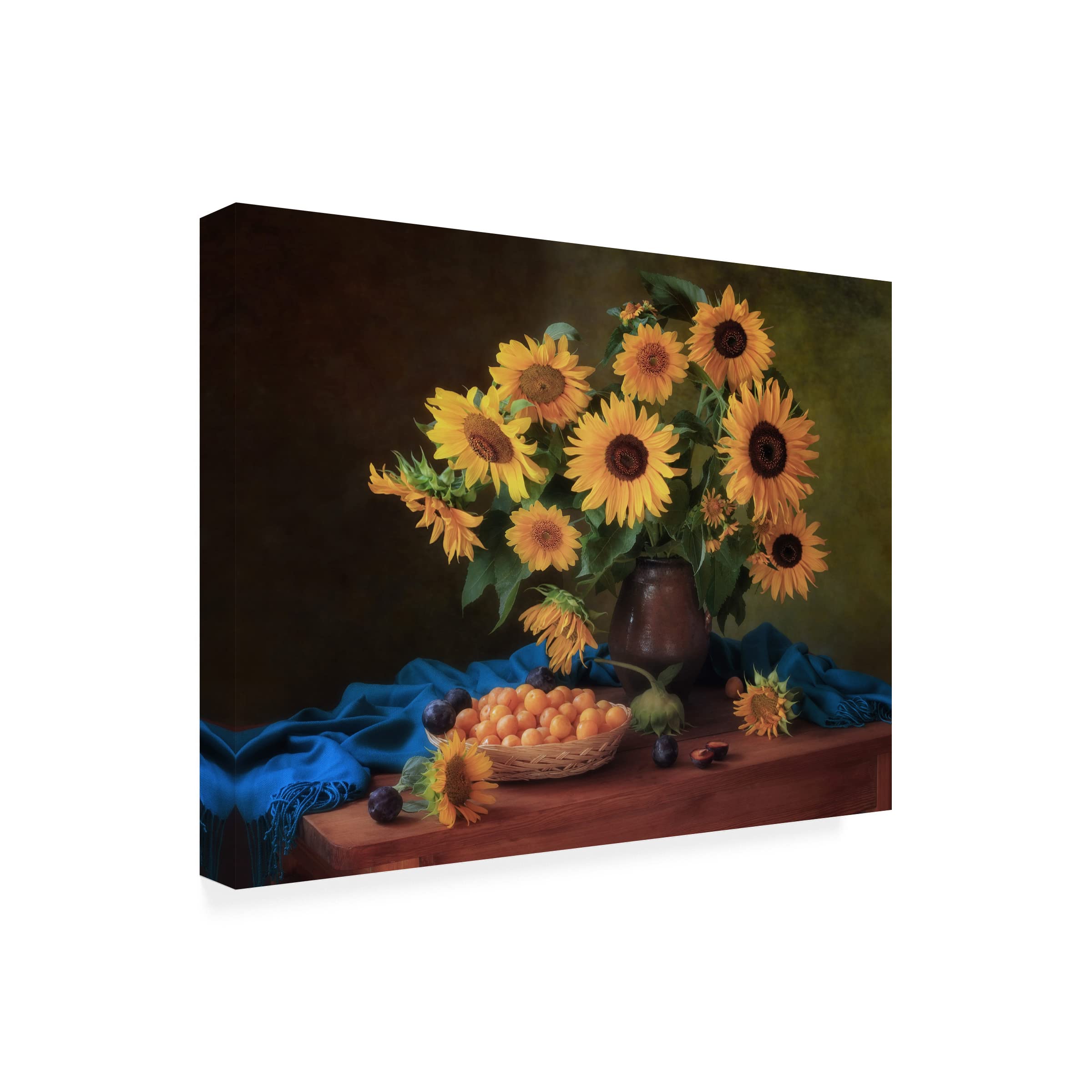 Trademark Fine Art 'Still Life With Sunflowers And Plums' Canvas Wall Art Print by Tatyana Skorokhod - Handmade Oil Painting Reproduction for Living Room, Bedroom & Office Decor