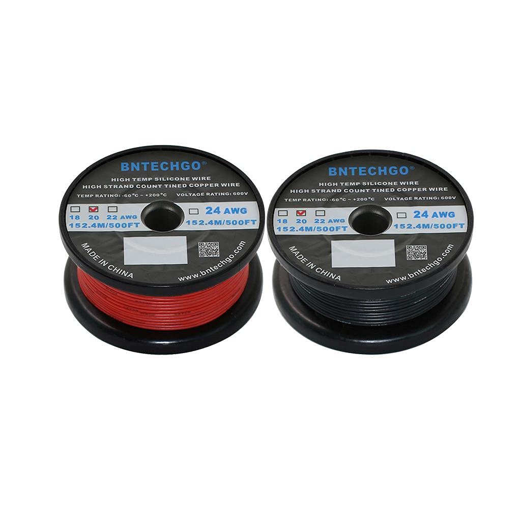 BNTECHGO 20 AWG Silicone Wire Spool - 500ft Red & Black Stranded Tinned Copper Wire for DIY Electronics, RC Models, and Automotive Projects | Flexible, Heat Resistant, High Conductivity