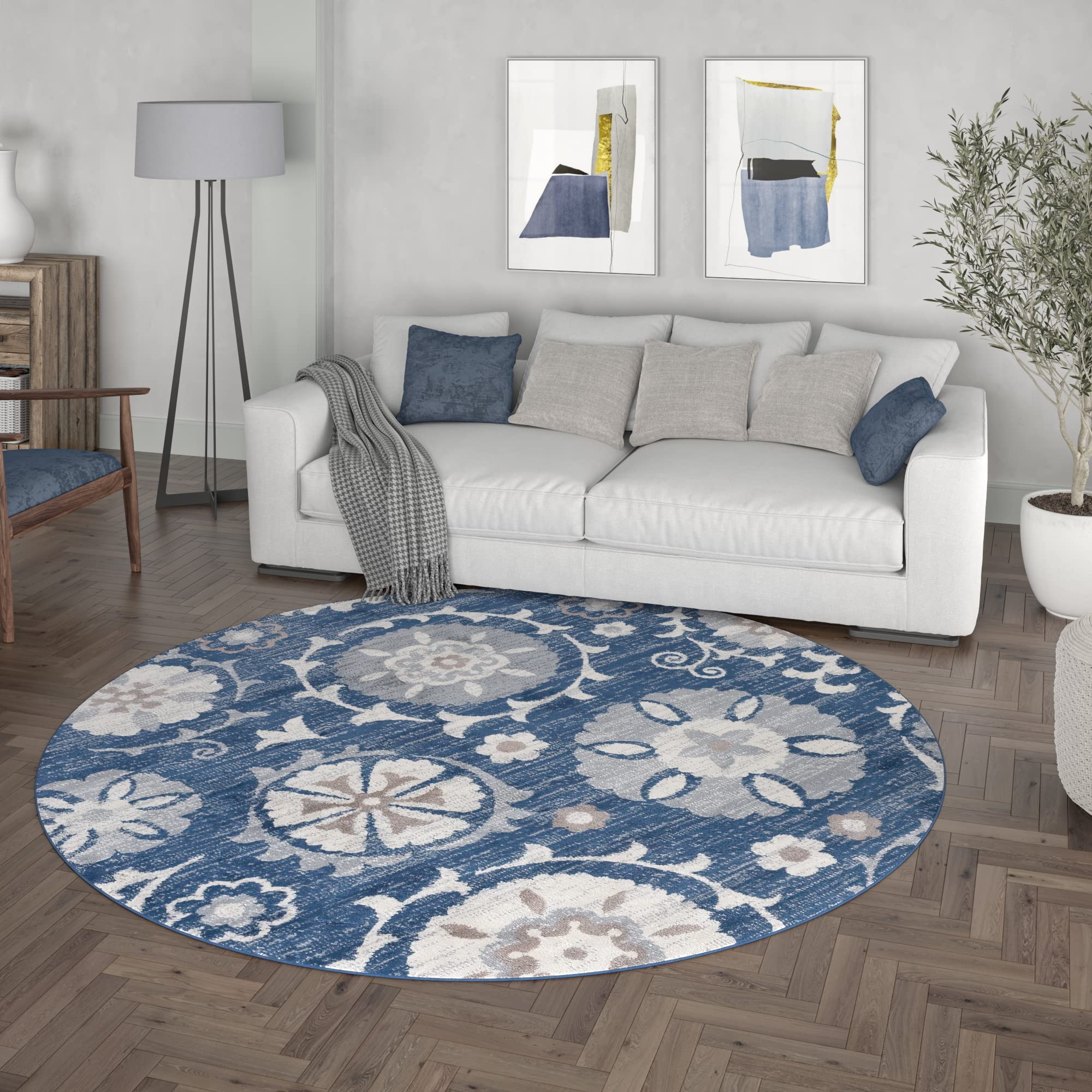 Navy Blue 8ft Round Modern Area Rug - Soft Indoor Carpet for Living Room, Dining Room, Bedroom, Kitchen & Entryway - Contemporary Home Decor - Perfect for Cozy Spaces & Modern Interiors
