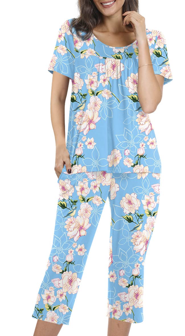 POPYOUNG Women's Summer Pajama Sets - 2 Piece Loungewear with Capri Pants & Pockets - Soft Sleepwear for Nighttime & Relaxation - Perfect for Bedtime, Lounging & Vacation Comfort