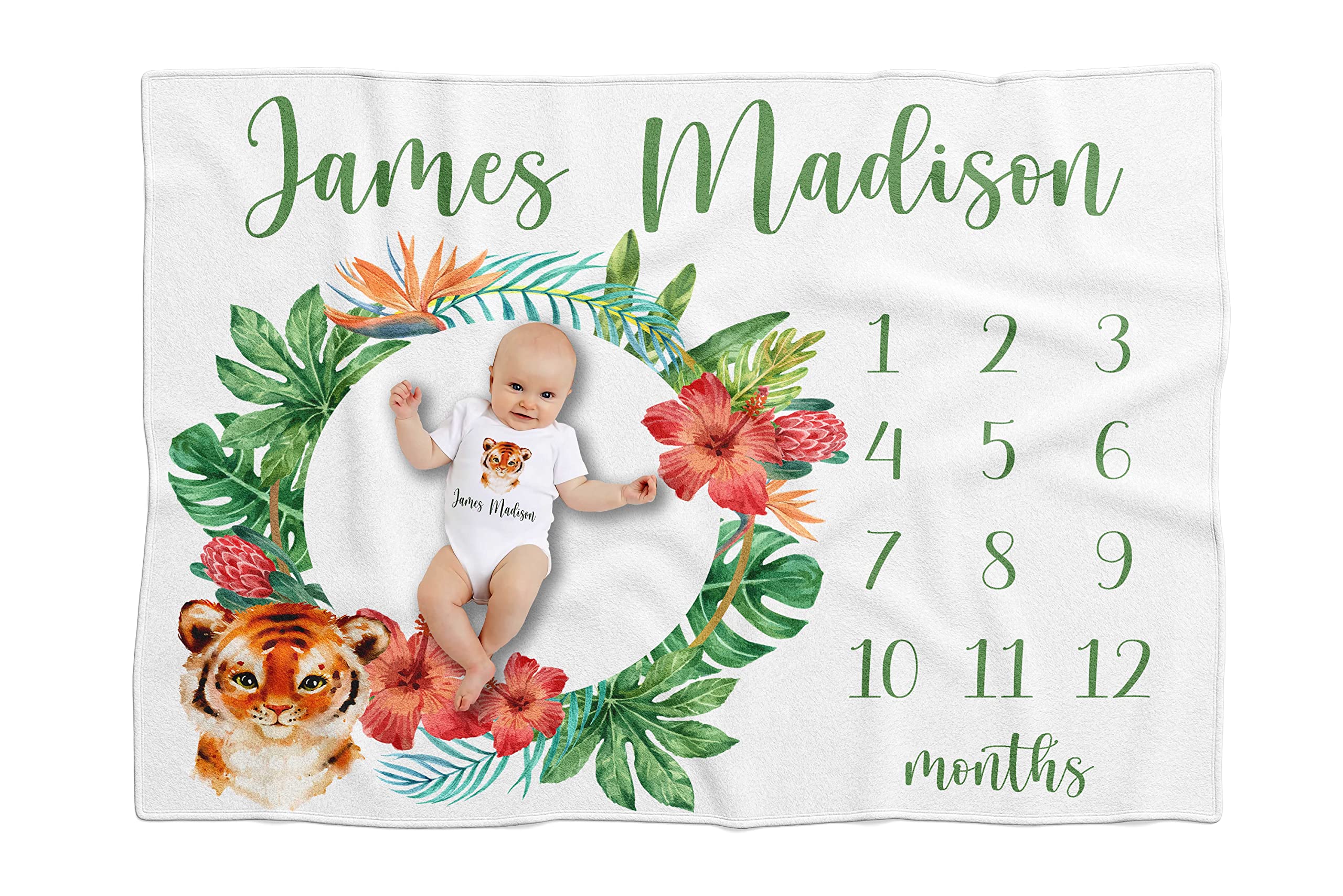 Personalized Baby Milestone Blanket for Boys & Girls - Custom Safari Jungle Animals Monthly Blanket with Name - Unique Baby Shower Gift & Newborn Present - Perfect for Nursery Decor, Photo Props & First Birthday Keepsakes