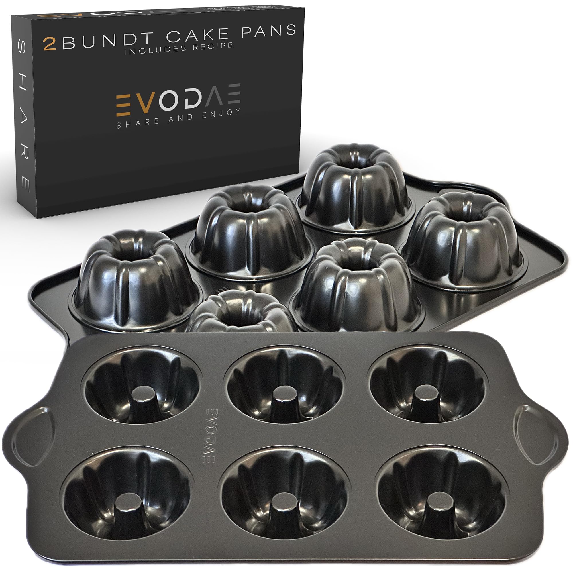 EVODAE® 2-Pack Mini Bundt Cake Pans Set - 12 Cup (2x6) Nonstick Baking Pans, PFOA & PTFE Free - Professional Grade Black Coated Tube Pans for Perfect Cakes - Ideal for Easter Brunch, Mother's Day, Birthday Parties & Holiday Baking