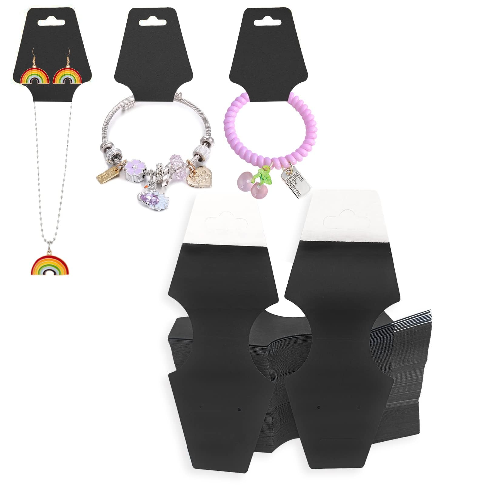 ZABARE 200 Pcs Jewelry Display Cards - Thick Adhesive Necklace, Bracelet & Keychain Holder Cards - Black Jewelry Showcase Cards for Retail Stores & Boutique Displays - Perfect for Jewelry Stores, Craft Shows & Trade Exhibitions