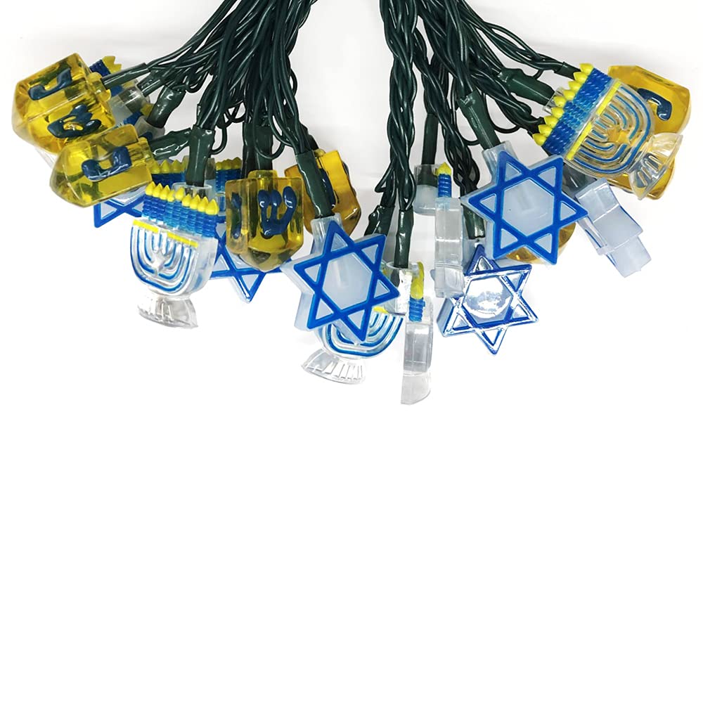 PRODUCTWORKS 20-Count LED String Lights - Hanukkah Star of David, Menorah & Dreidel Designs with ON/Off/Twinkle/Timer Functions | Battery Operated Holiday Decor for Jewish Celebrations, Home & Party Lighting