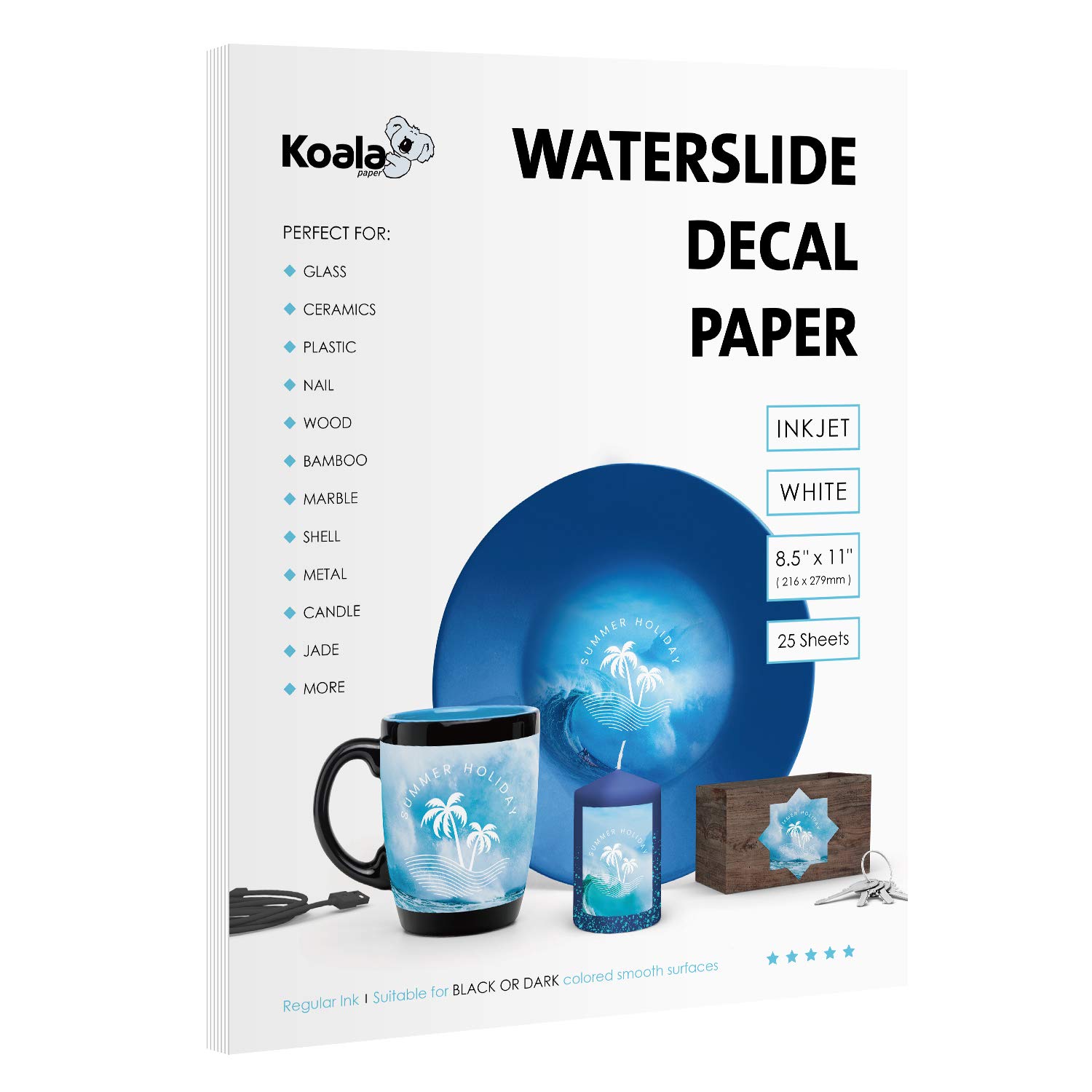 Premium Koala 25-Sheet White Waterslide Decal Paper 8.5x11 Inch - Inkjet Printer Water Transfer Paper for DIY Tumblers, Mugs, Glass & Ceramics - Perfect for Custom Crafts, Home Decor & Personalized Gifts