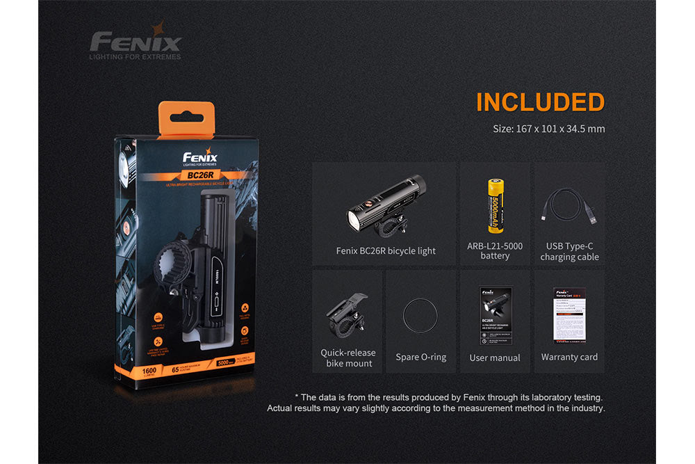 Fenix BC26R 1600 Lumen Rechargeable LED Bike Light with BC05R V2 Tail Light Bundle - High Visibility Cycling Safety for Night Riding & Commuting