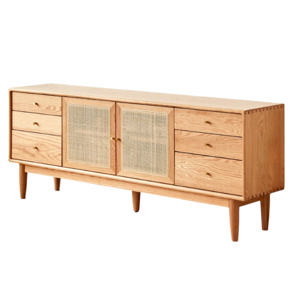 Modern Oak Solid Wood Rattan TV Stand with Storage - Entertainment Center for Living Room, Bedroom & Home Theater Setup