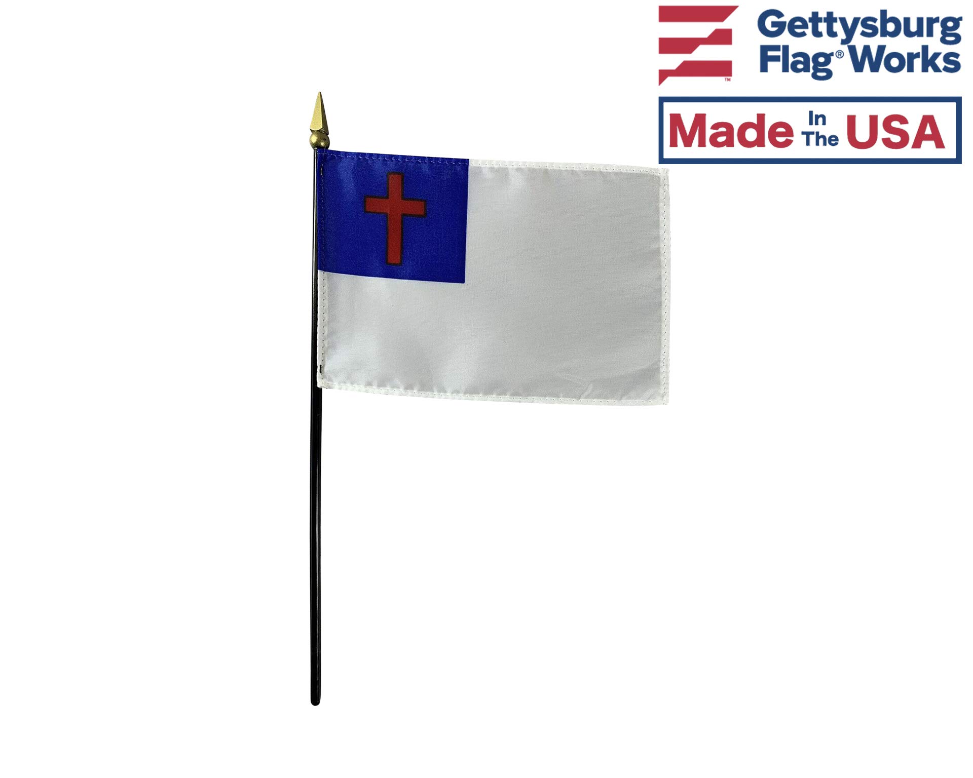 Set of 3 4x6 Inch E-Gloss Christian Stick Flags with U.S. Stick Flag & 2 Plastic Table Bases - Made in USA - Perfect for Church Events, Patriotic Celebrations & Home Decor