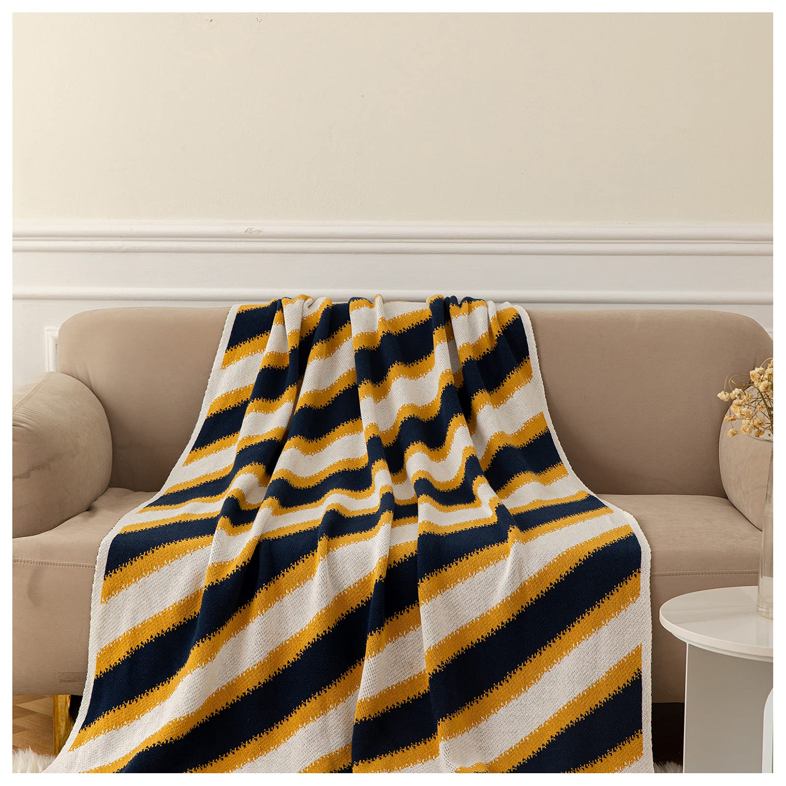 100% Cotton Striped Knit Throw Blanket - Ultra Soft Lightweight Geometric Blanket for Couch, Sofa & Bed - Cozy Decorative Blanket for Women, Men & Kids - Perfect for Lounging, Gifting & Home Decor (Yellow)