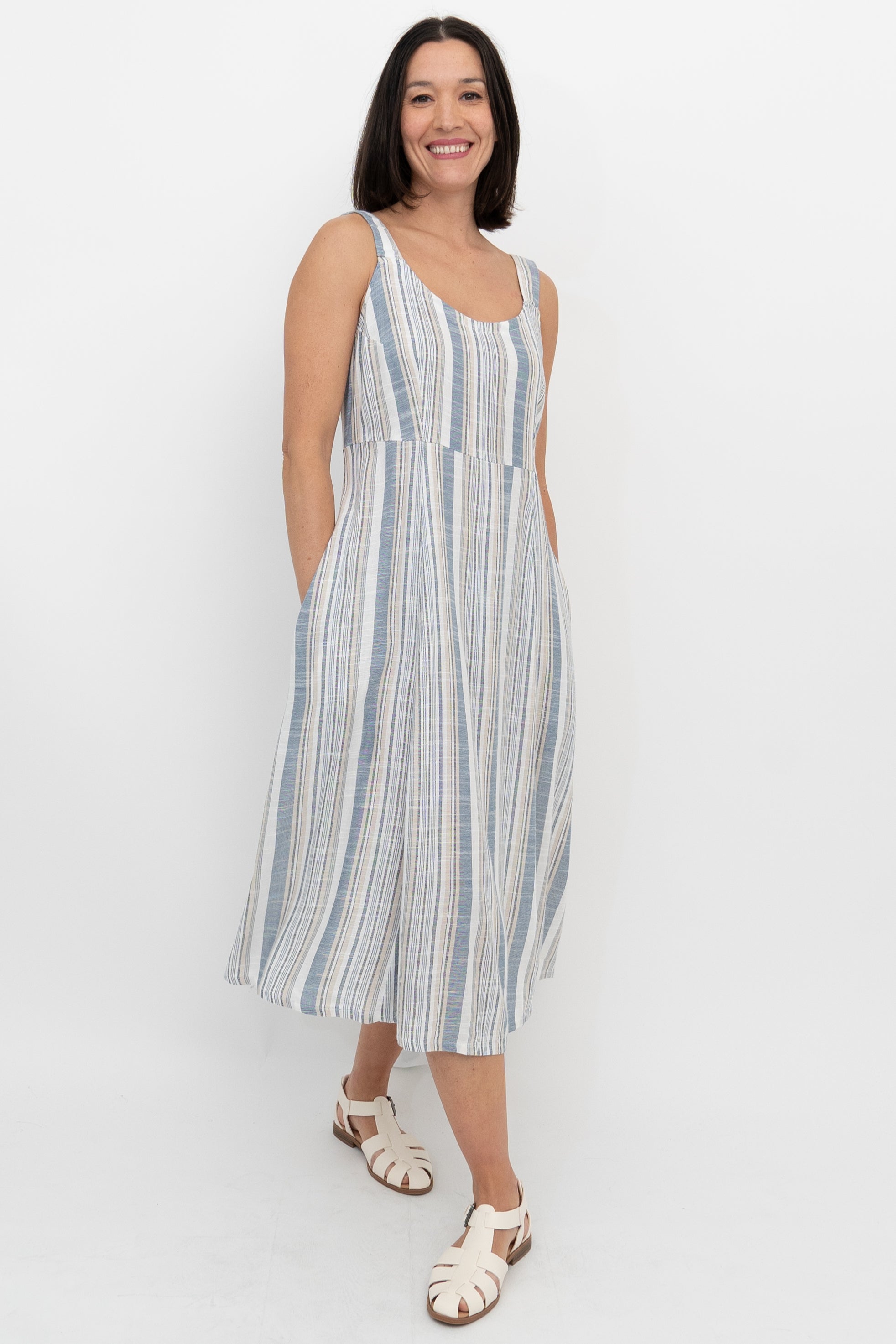 Shauna Dress - Sand Stripe Linen Bamboo Blend Summer Dress for Women | Beach Vacation, Brunch & Casual Outings