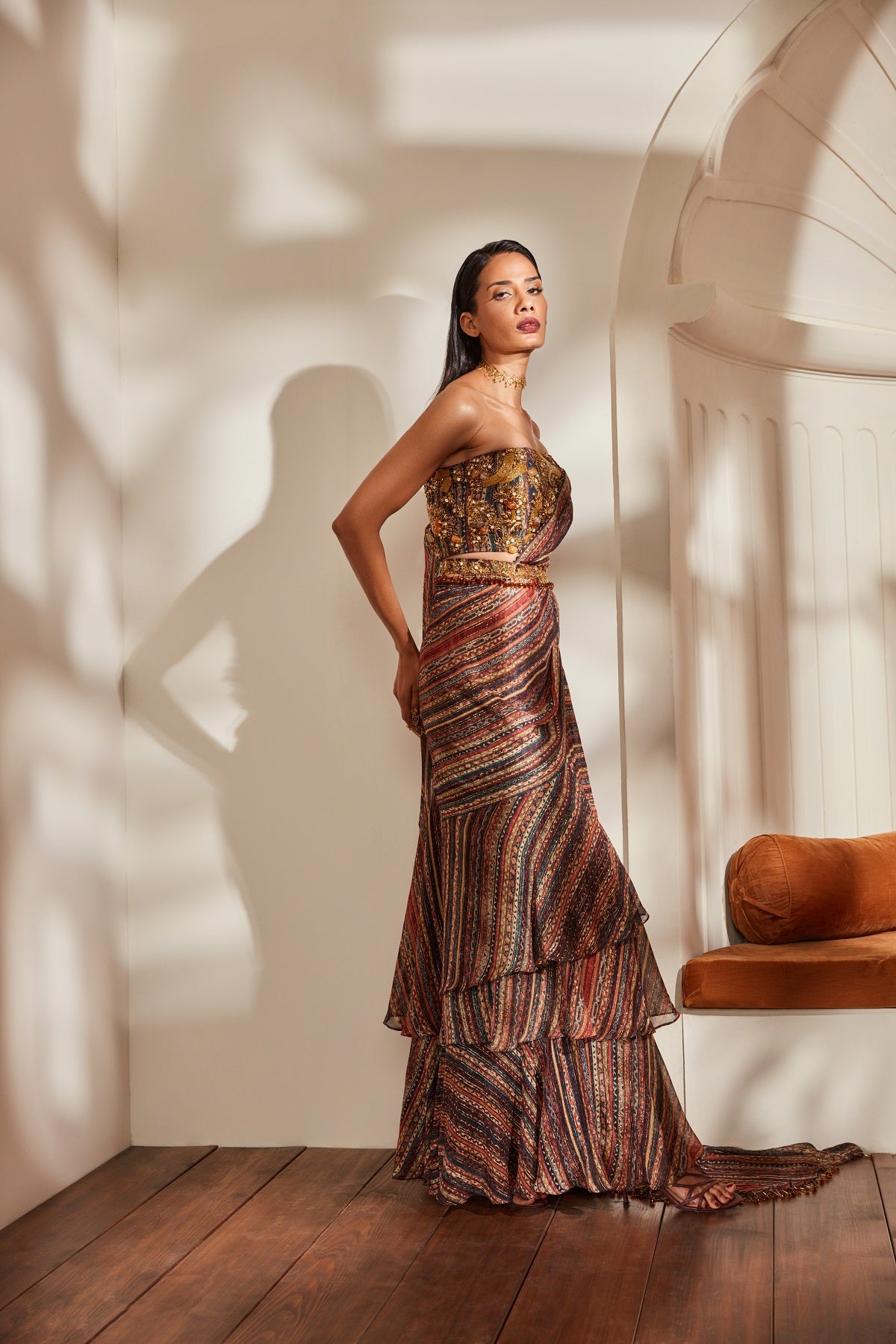 Elegant Stripe Print Ruffle Saree with Tube Top & Belt - Baroque Handwork for Women's Party Wear & Special Occasions