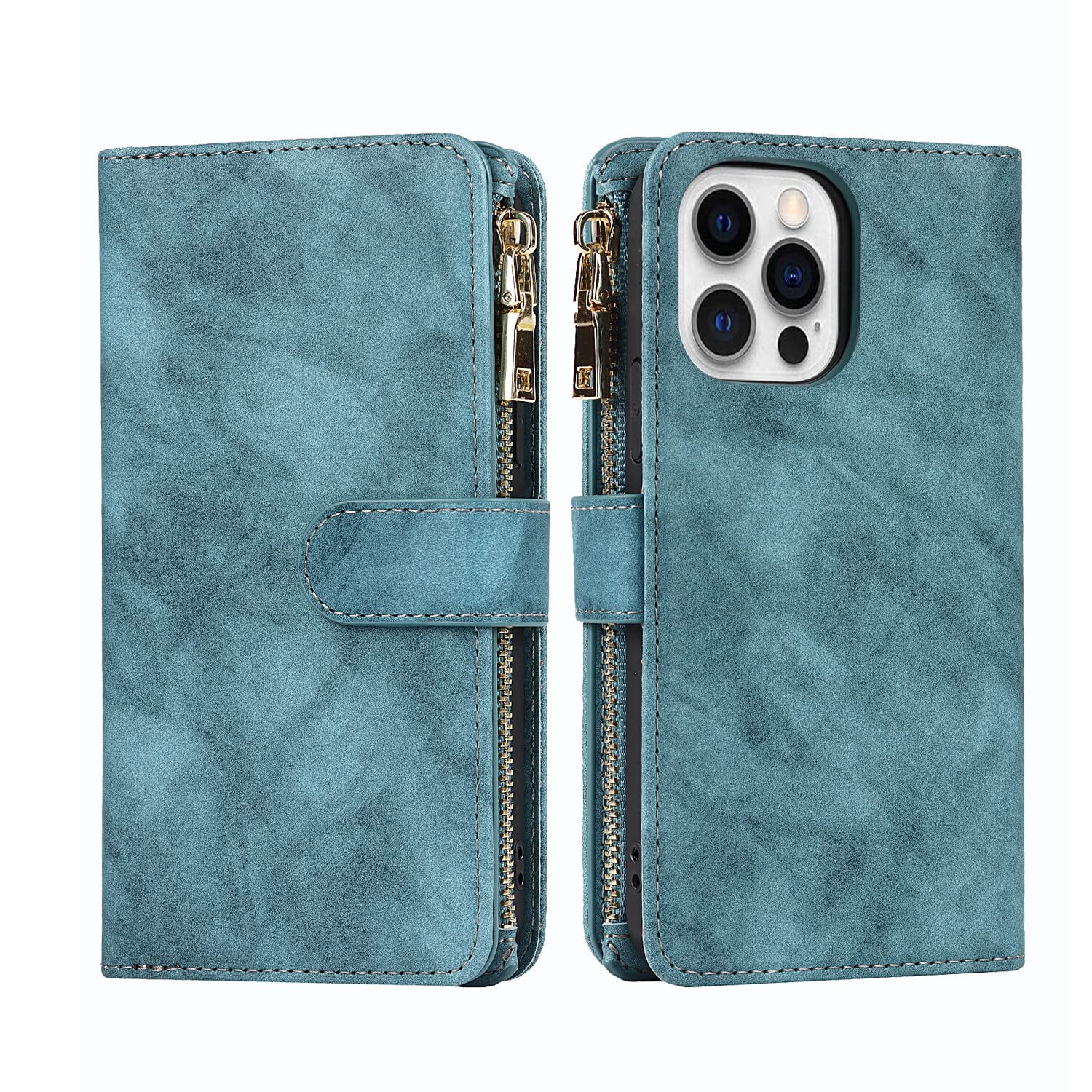 Premium Leather Magnetic Wallet Case for iPhone 13 Pro - Crossbody Strap & Stand Function, Card Holder, Protective Cover (Light Blue) | Perfect for Travel, Work & Everyday Use