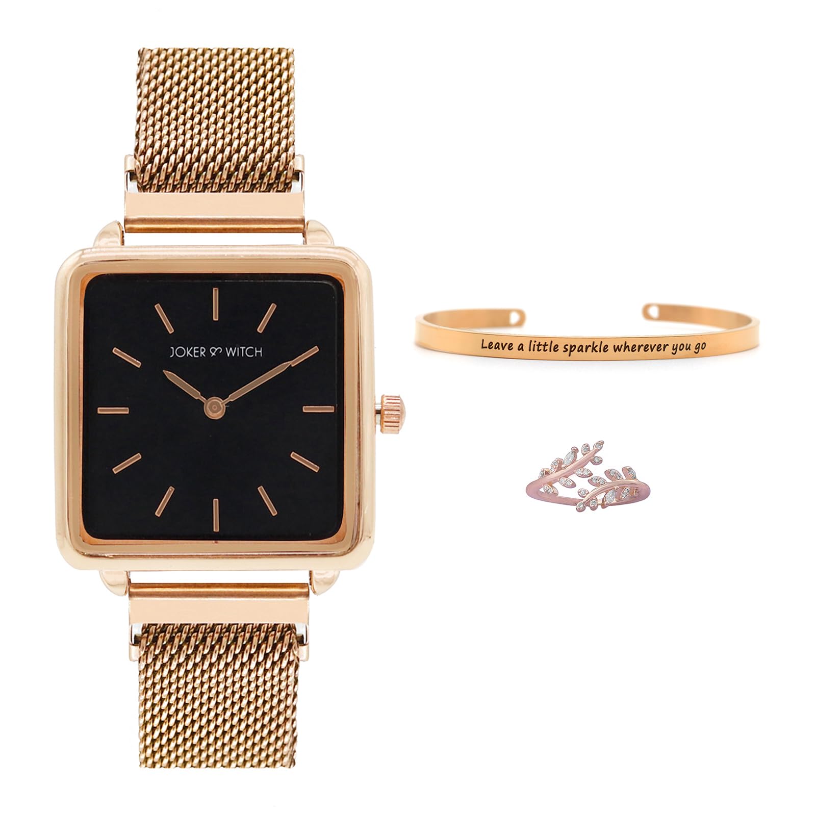 Joker & Witch Stainless Steel Women's Rose Gold Love Triangle Analog Watch - Black Dial with Rose Gold Band - Perfect for Date Nights & Special Occasions