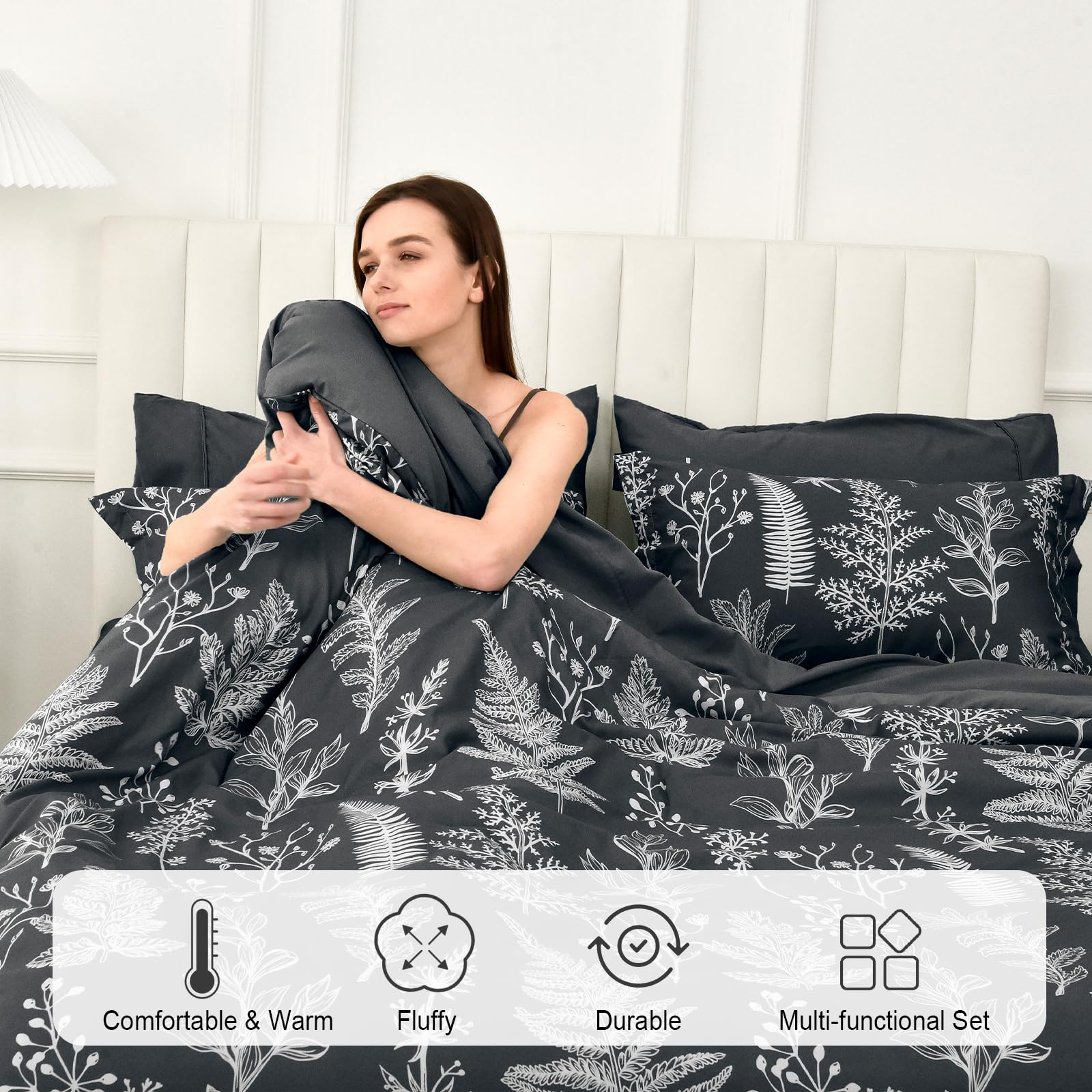 PHF 7-Piece Queen Comforter Set - Ultra Soft Reversible Botanical Bedding | Includes Comforter, Pillow Shams, Flat Sheet, Fitted Sheet & Pillowcases (Black) | Perfect for Master Bedroom, Guest Room & Cozy Home Decor
