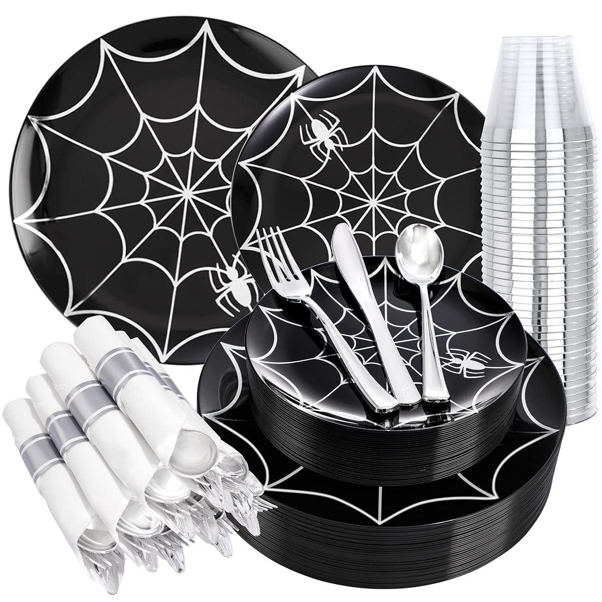 UCLA 30-Pack Halloween Party Plates with Spider Design - Black & Silver Plastic Disposable Dinnerware Set Includes Pre-Wrapped Silverware & Cups for Halloween Decorations, Themed Parties & Spooky Celebrations