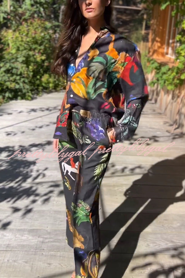 Stylish Floral Print Long Sleeve Blouse with Elastic Waist Wide Leg Pants Set - Women's Casual Outfit for Work, Date Night & Spring Fashion