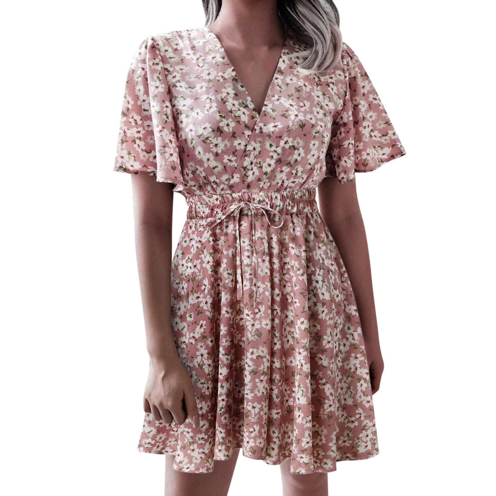 Women's Floral Print Wrap Dress - Short Sleeve V-Neck Boho Summer Dress for Casual Outings, Beach Vacations & Date Nights