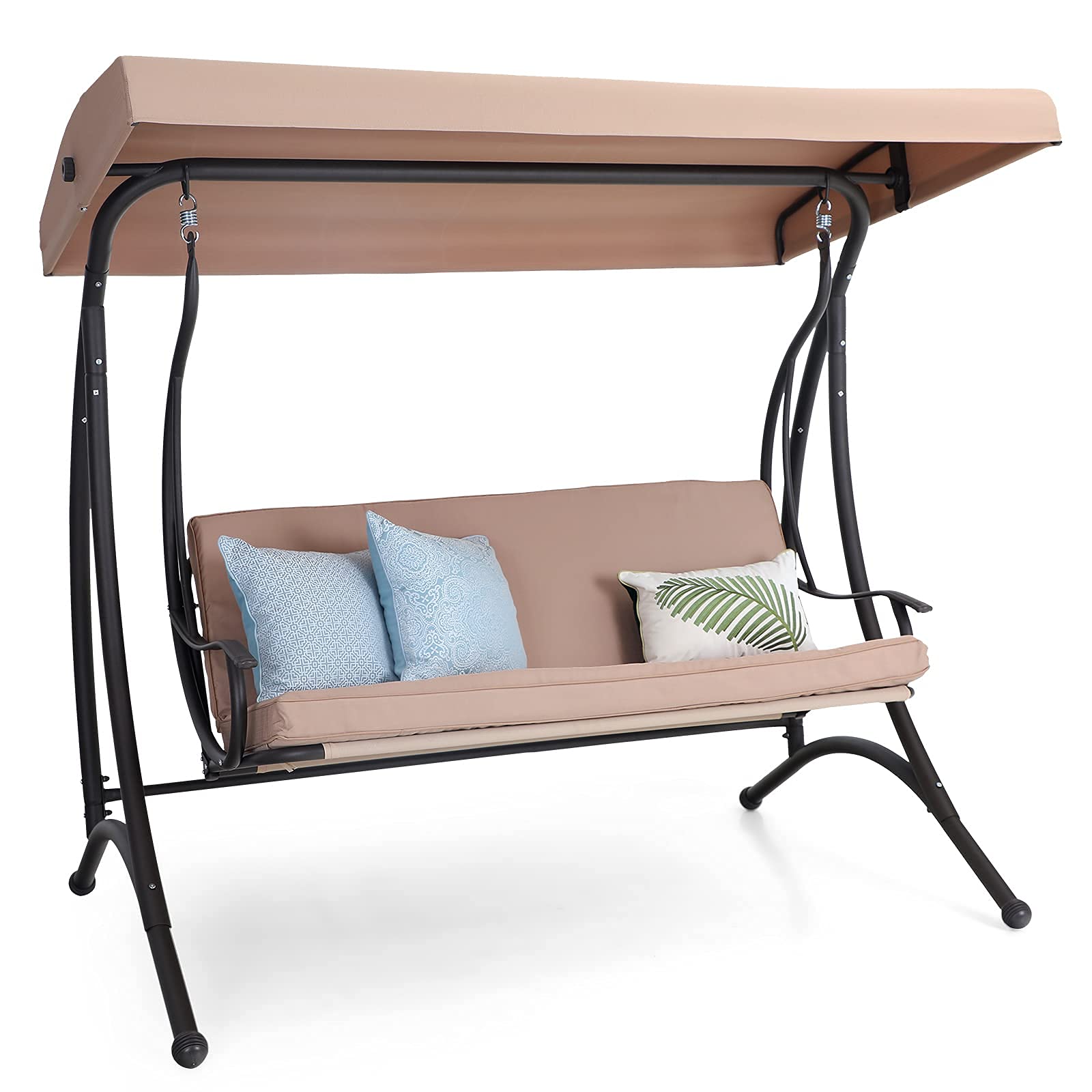 PHI VILLA 3-Seat Outdoor Porch Swing with Canopy - All-Weather Steel Frame Patio Swing Chair with Removable Cushion - Perfect for Porch, Garden, Poolside, Balcony & Backyard Relaxation | Brown Patio Furniture for Outdoor Lounging
