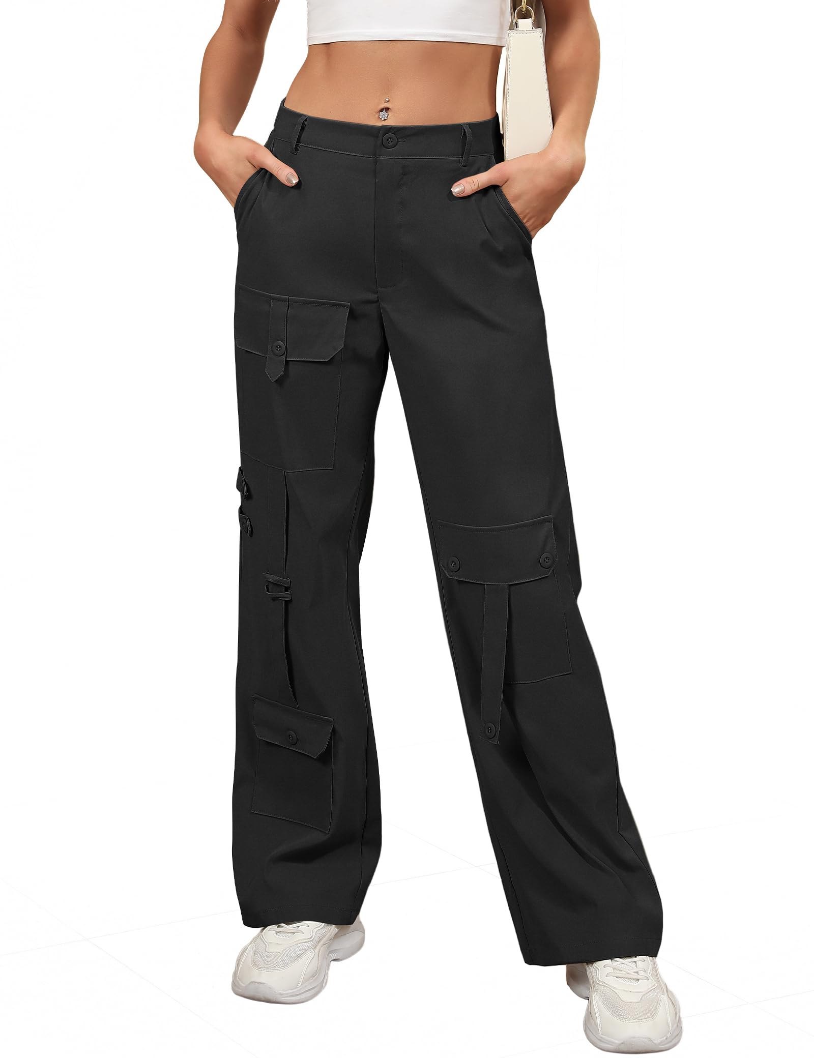 THANTH Women's High Waist Cargo Pants - Baggy Military Combat Pants with 8 Pockets | Y2K Streetwear Wide Leg Trousers for Casual Wear & Outdoor Activities
