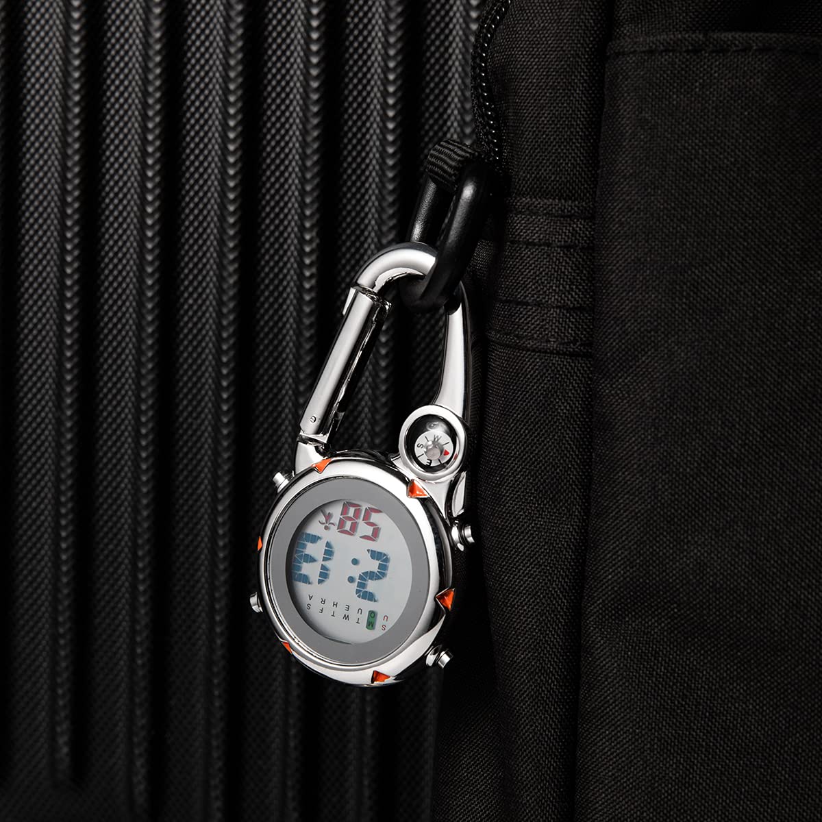 Digital Compass Clip Watch - Waterproof Carabiner Pocket Watch with Alarm for Men & Women | Hiking, Camping, Backpacking Outdoor Adventure Gear | Black & White Fob Watch for Backpack Buckle