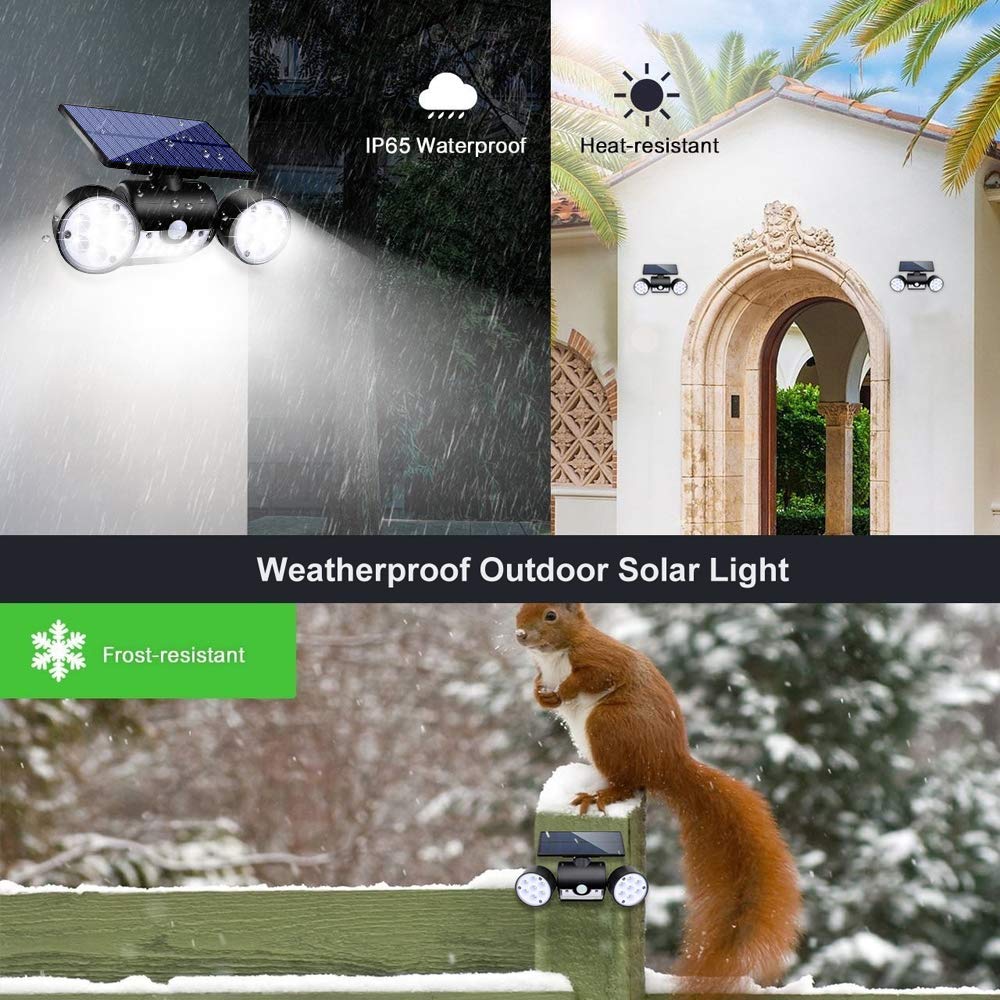 Solar Powered Outdoor Security Lights with Motion Sensor - Dual Head LED Spotlights, Waterproof & 360° Adjustable for Garden, Garage, Patio (1 Pack) - Perfect for Nighttime Safety & Landscape Lighting