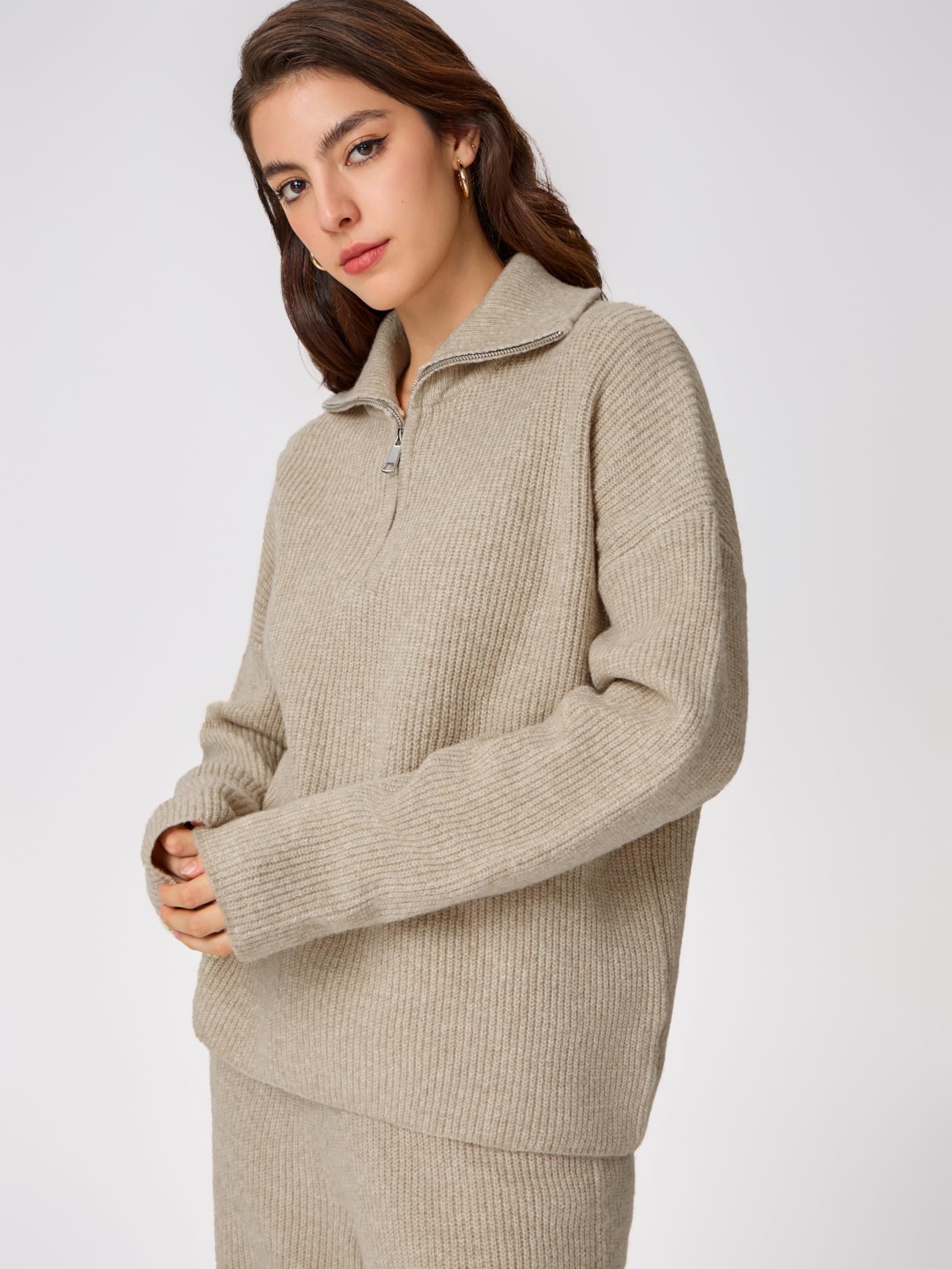 Trendy Women's CIDER Quarter Zip Pullover Sweater - V Neck Long Sleeve Chunky Knit Fall Sweater for Casual Wear & Outdoor Activities